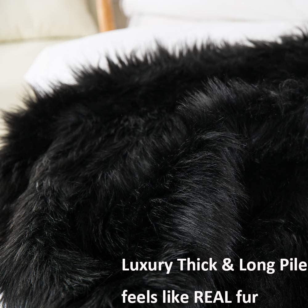 Minimalist Black Luxury Plush Faux Fur Throw Blanket, Long Pile, 50''x60''