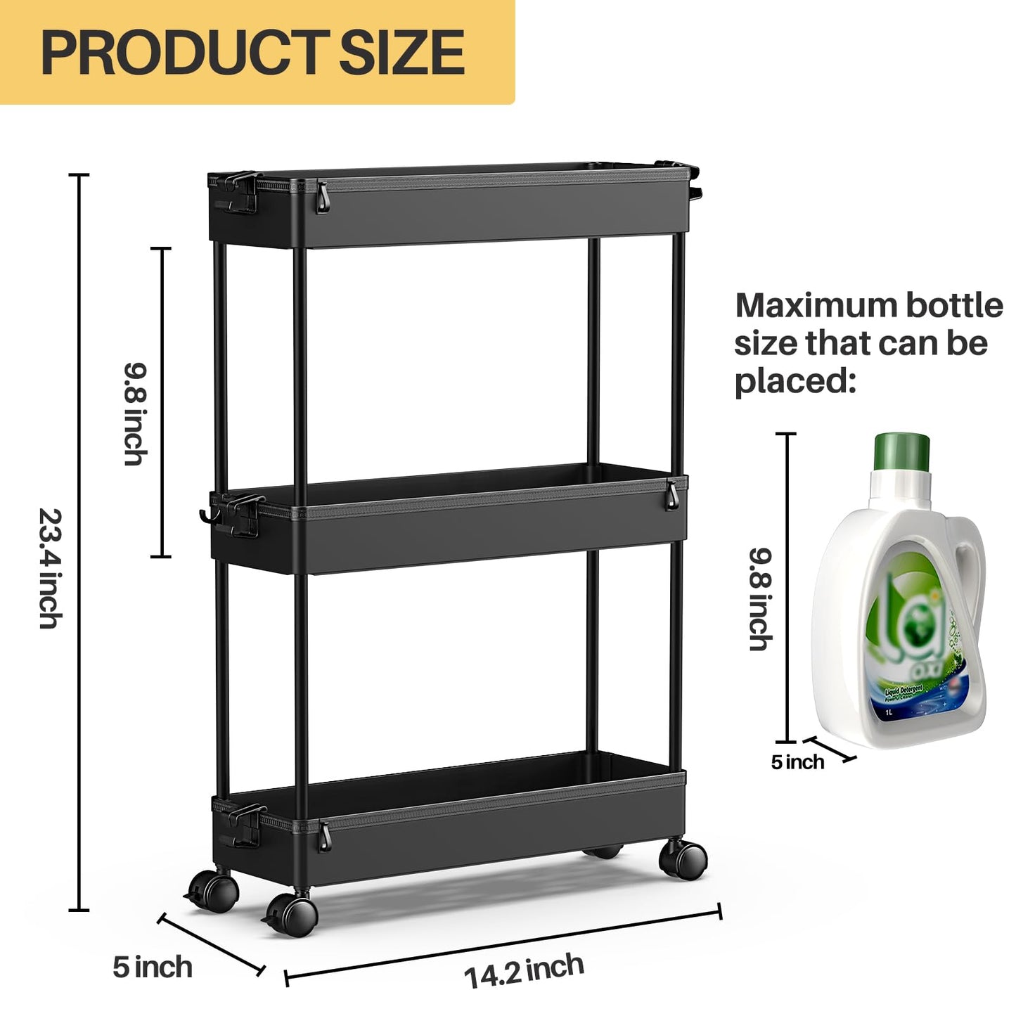 Minimalist Black 3 Tier Slim, Mobile Rolling Storage Cart for Narrow Spaces