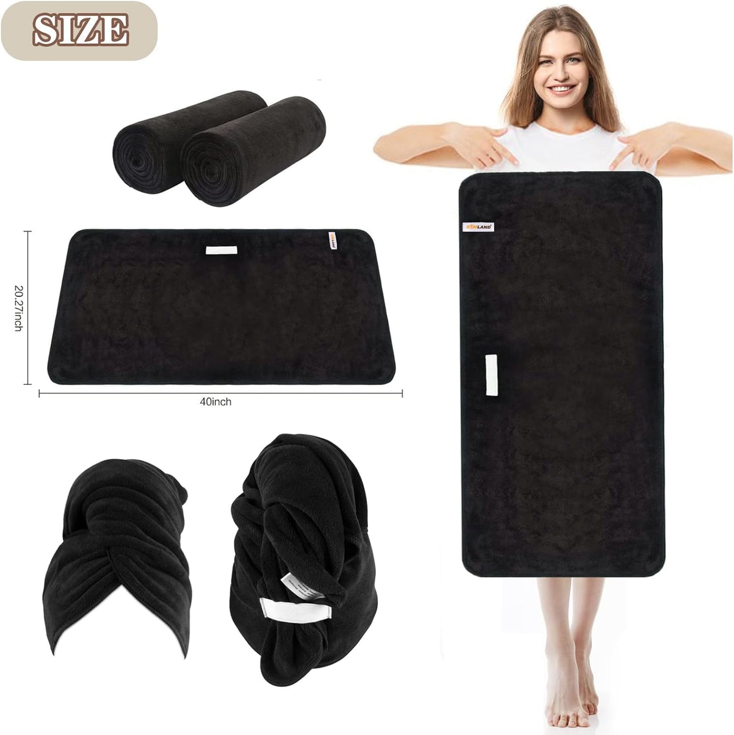 Minimalist Black Microfibre Hair Towel Wrap, 20"x40", Set of 2
