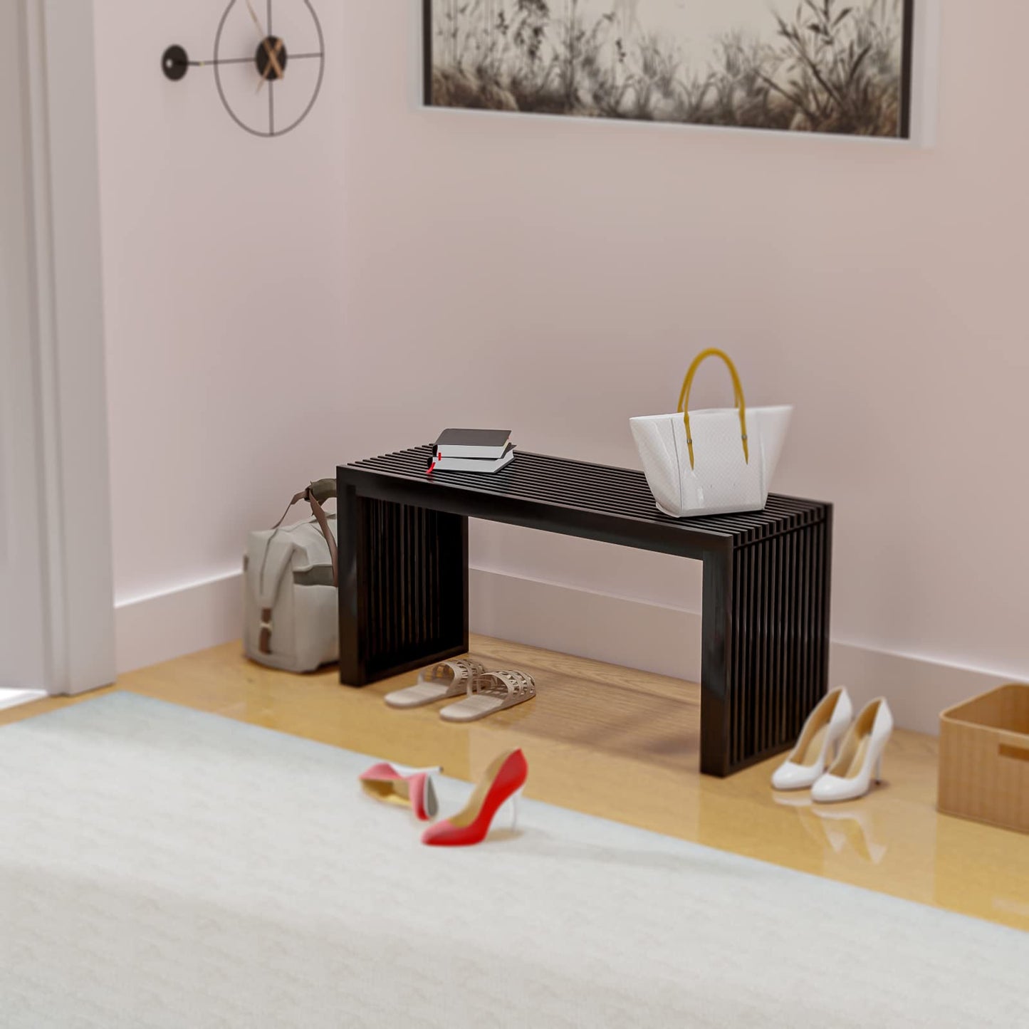 Minimalist Black Bamboo Bench: Sustainable Design with Grille-Inspired Details