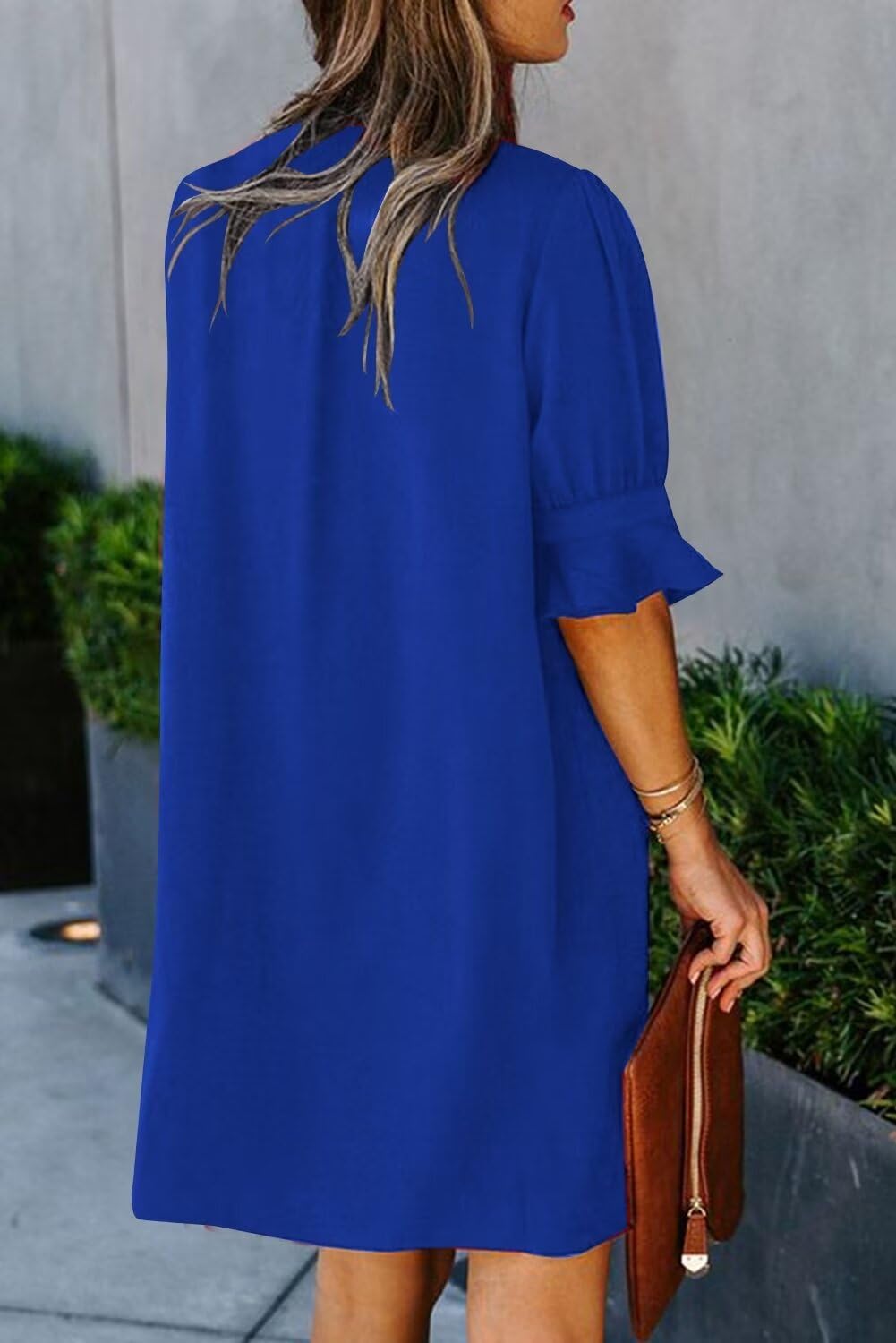 Minimalist Royal Blue Short Sleeve Women's V Neck Ruffle T-Shirt Dress