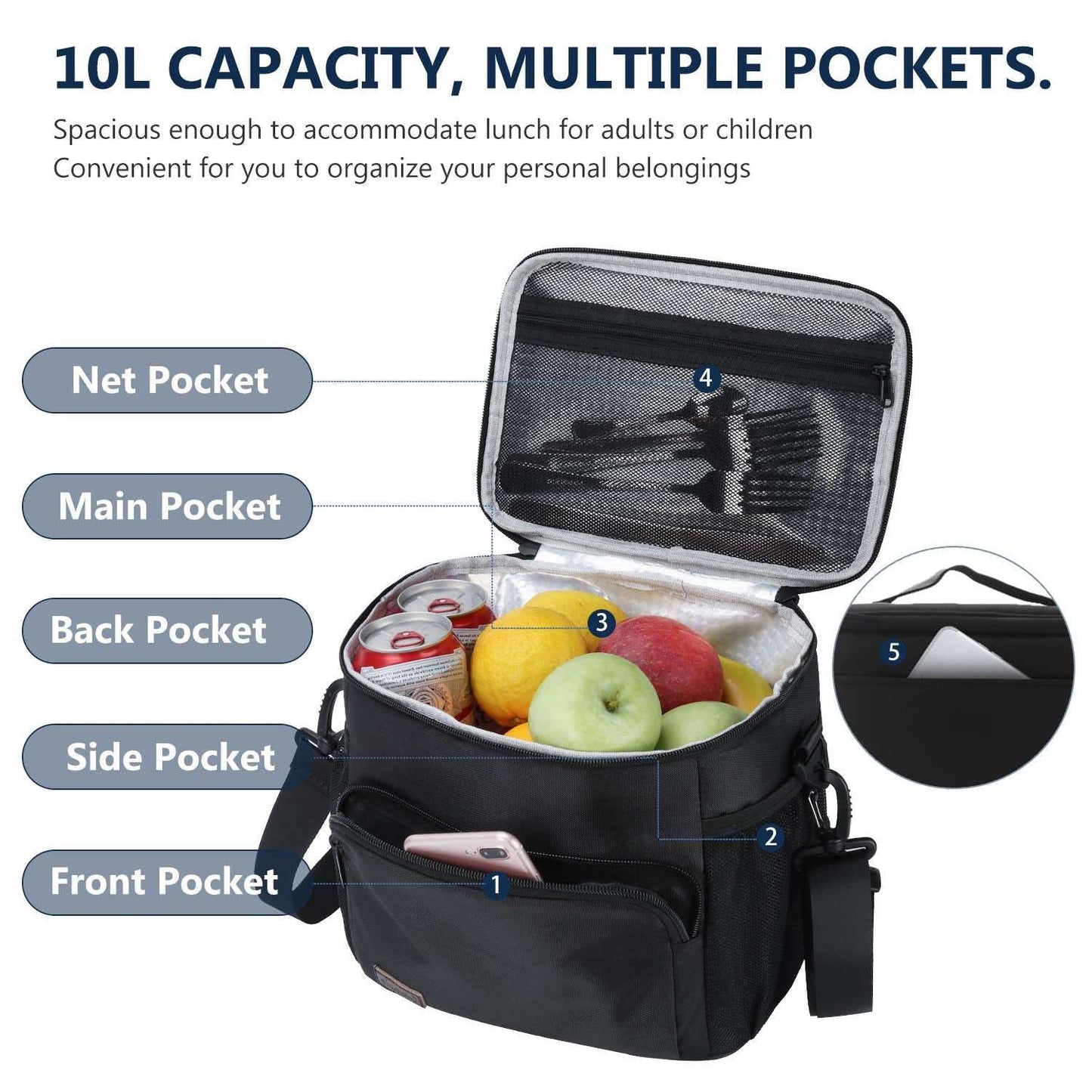 Gloppie Lunch Bag for Men (10L) Lunch Box Bag Women Leakproof Lunch Cooler Bag Black Reusable Lunchbag Insulated Bag for Bento Box Kids Lunch Box Meal Prep Containers Insulation Bag, Classic Black