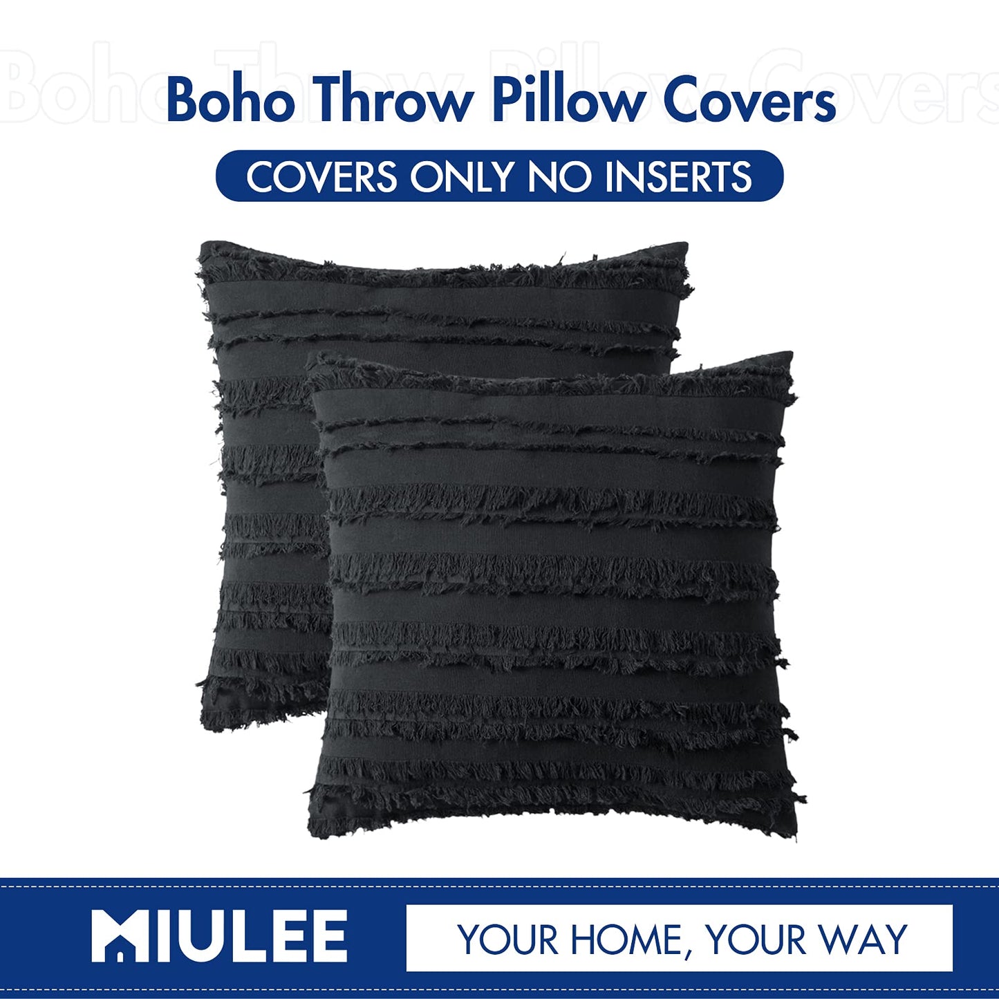 Minimalist Black Boho Throw Pillow Covers, Striped Jacquard Pattern 18"x18", Set of 2