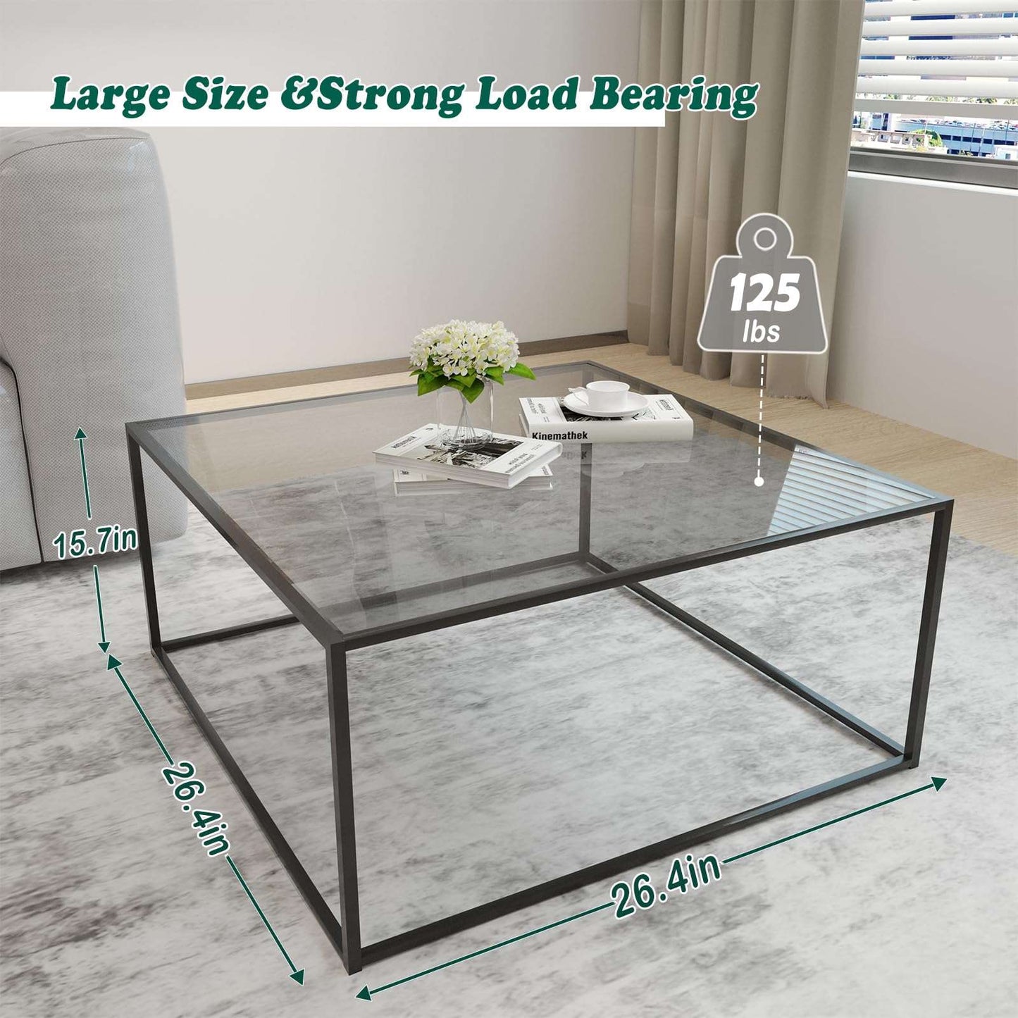 Minimalist Black Modern Glass Coffee Table, 26.7" x 26.7" x 15.7"