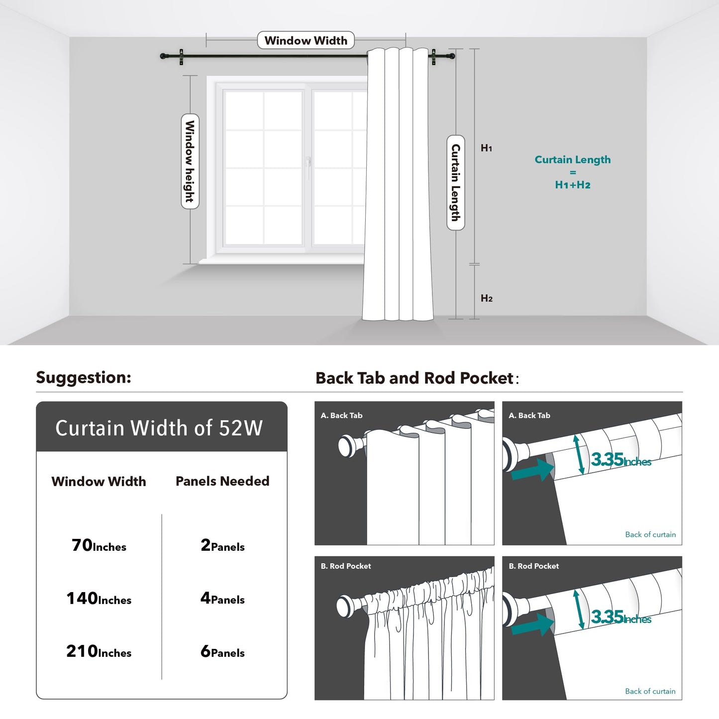 Minimalist Black Blackout Curtains, 2 Panels, 52"Wx84"L