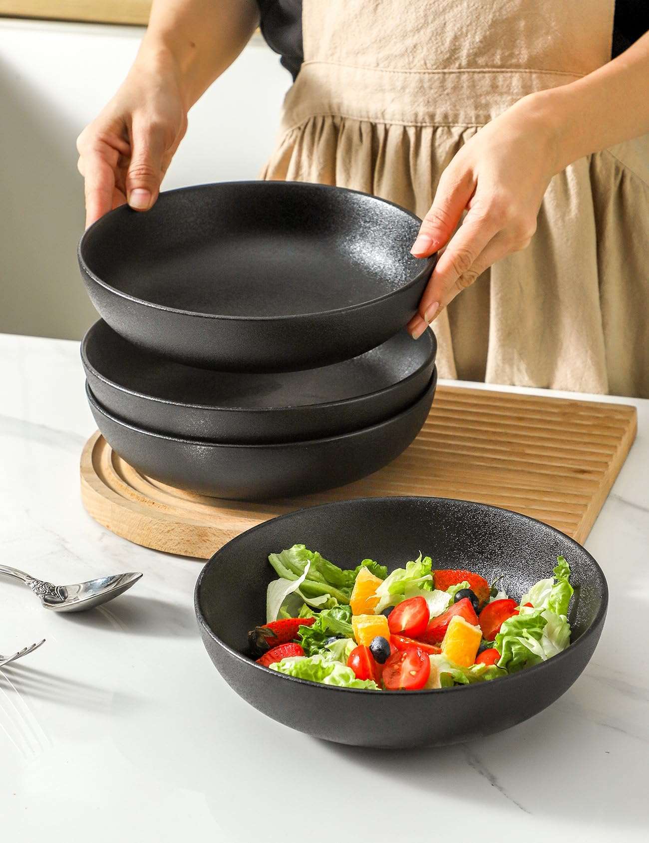 Minimalist Black Ceramic Plate Bowls, 40 oz, Set of 4