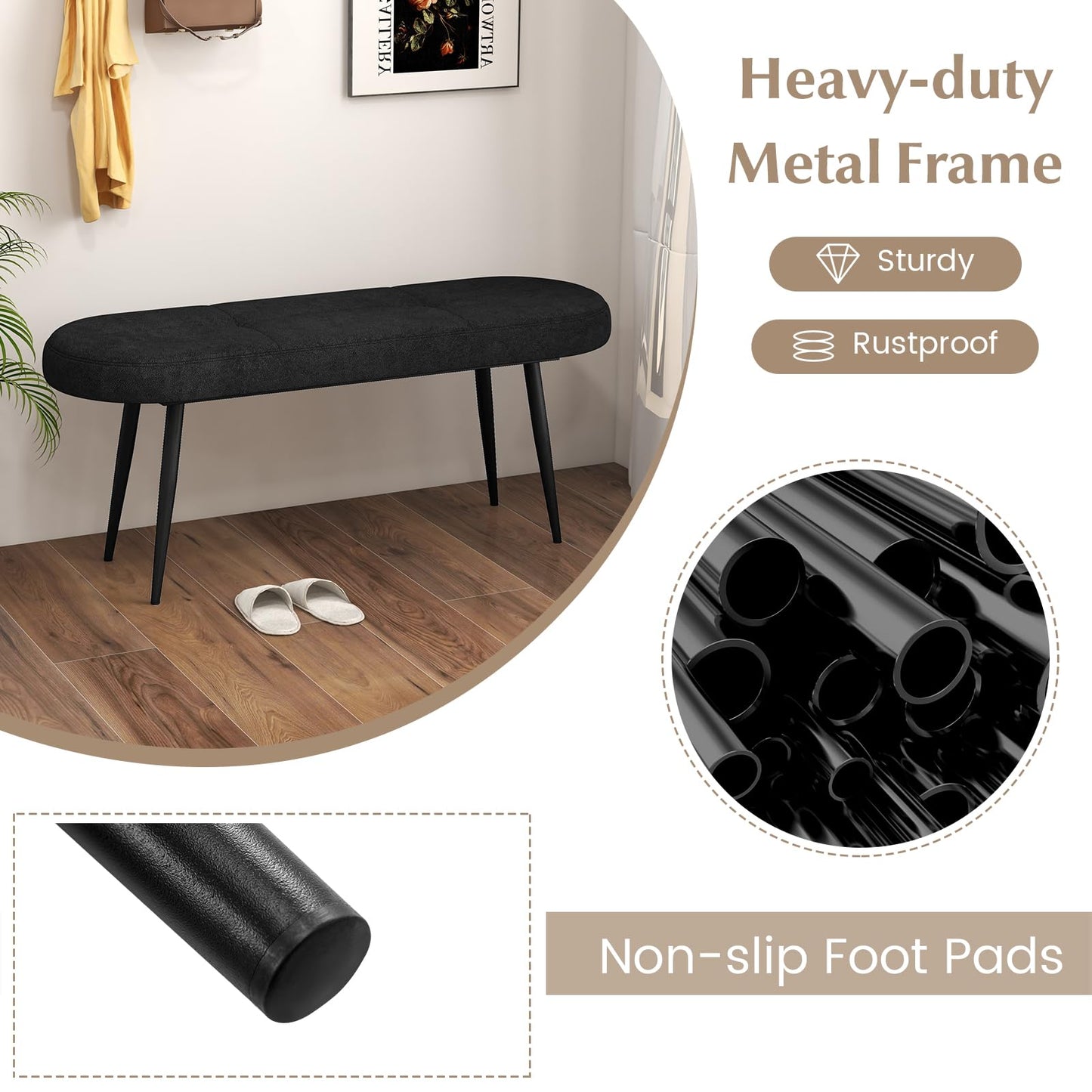 Minimalist Black 47" Upholstered Bench w/Metal Legs