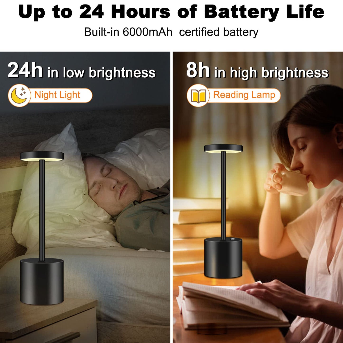 Minimalist Black Cordless Table Lamp with 3 Brightness Levels for Bedroom, Bathroom, Living Room, Office, Patio