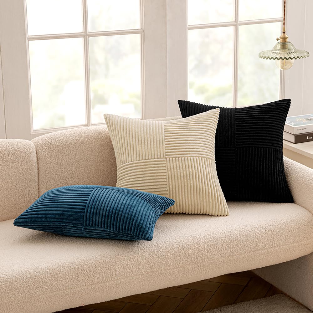 Minimalist Black Corduroy Throw Pillow Covers 18" x 18", 2pcs