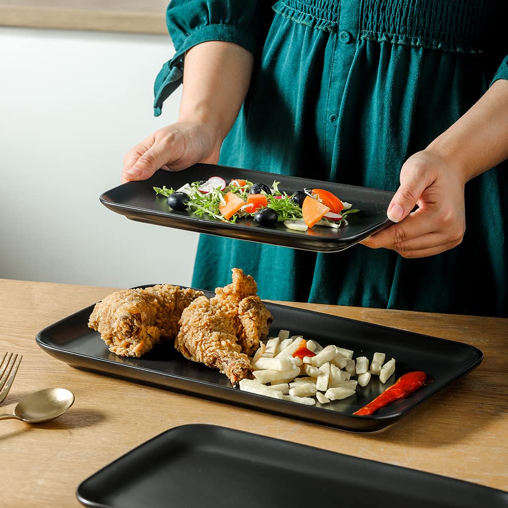 Minimalist Black Ceramic Rectangular Serving Trays, 14/12/10 Inch"