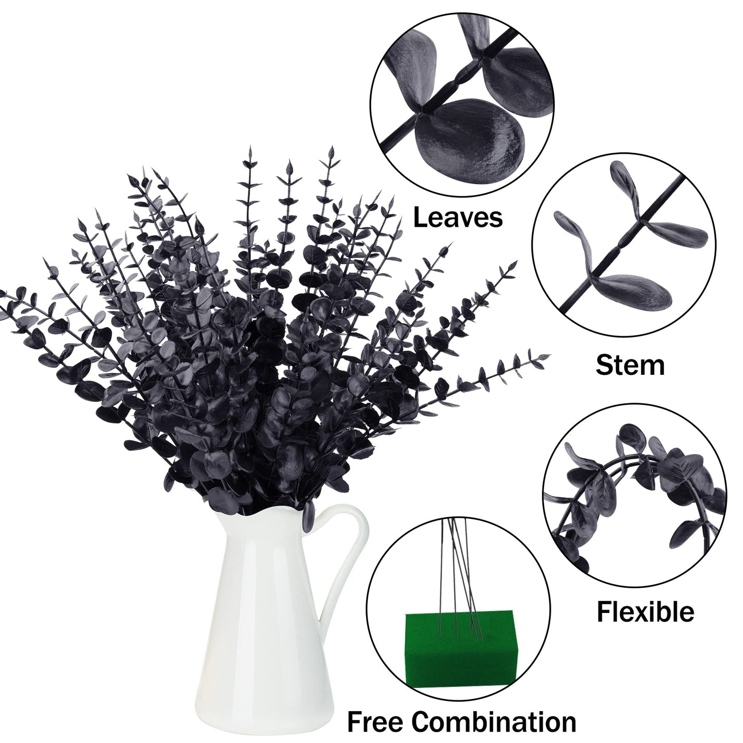 Minimalist Black 15 inch Faux Eucalyptus Stems, Branches, 36-Pieces