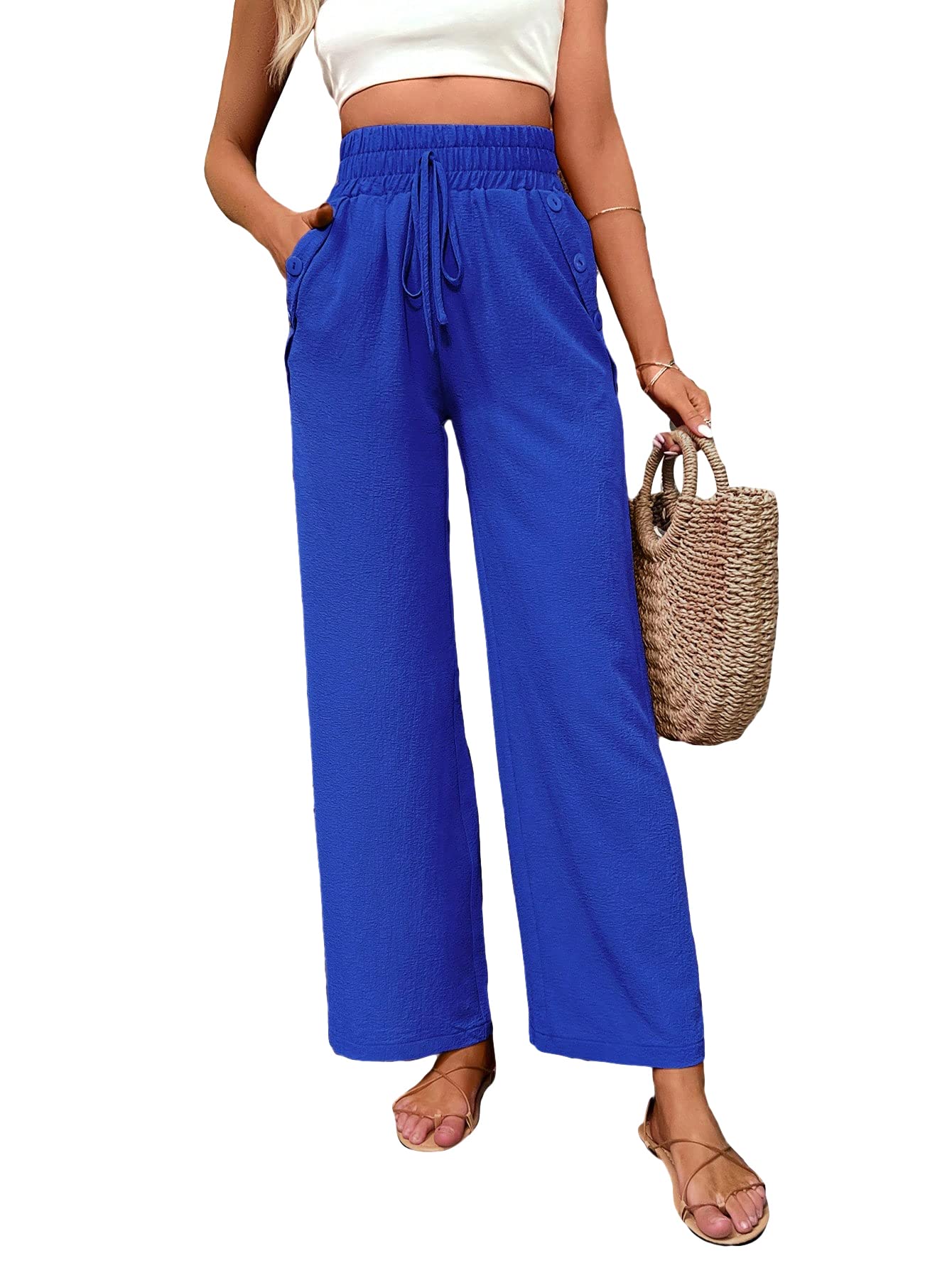 Minimalist Royal Blue Casual Elastic High Waist Tie Front Button Pocket Women's Wide Leg Pants