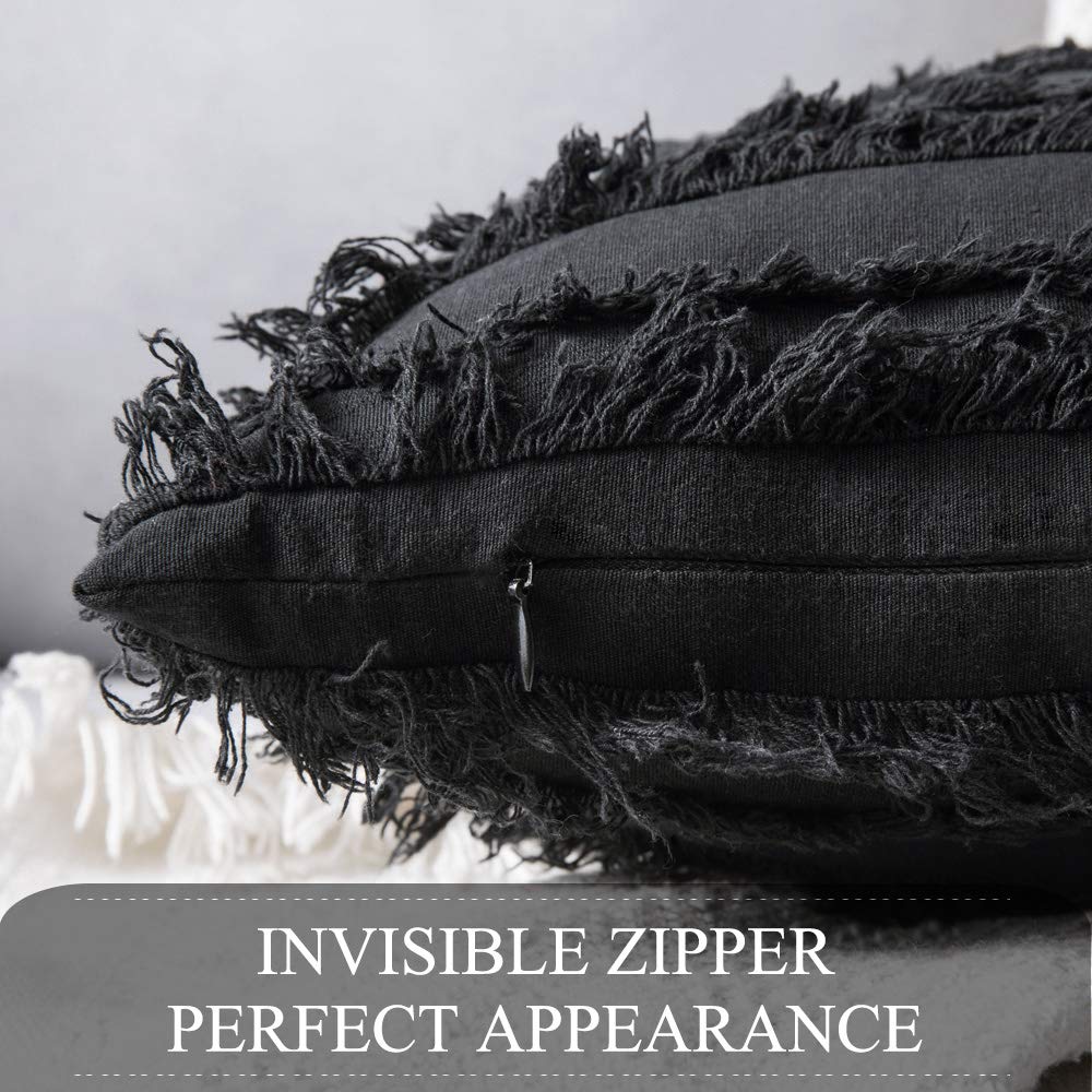Minimalist Black Boho Throw Pillow Covers, Striped Jacquard Pattern 18"x18", Set of 2