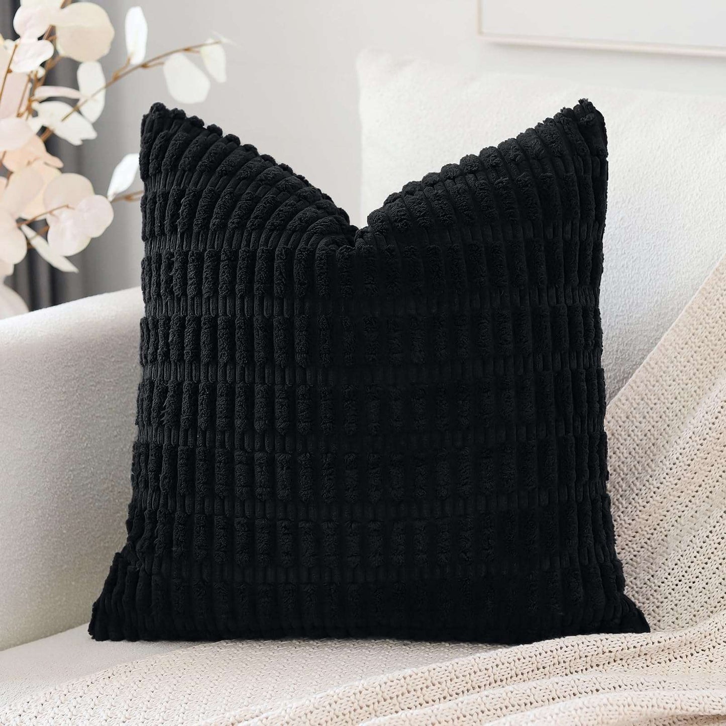 Minimalist Black Corduroy Throw Pillow Covers 20"x20"