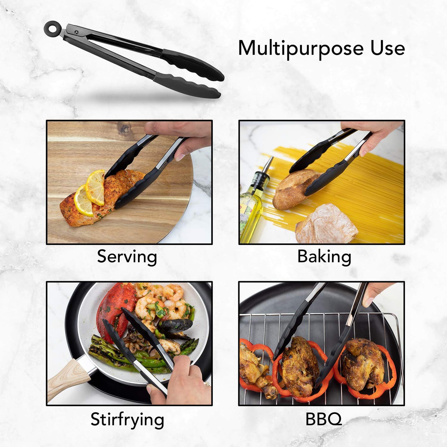 Minimalist Black Stainless Steel Silicone Tipped Tongs Set, 10”, 13”