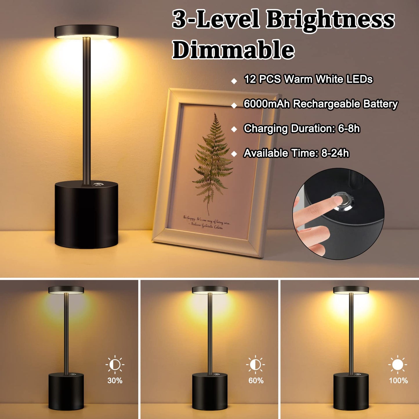 Minimalist Black Cordless Table Lamp with 3 Brightness Levels for Bedroom, Bathroom, Living Room, Office, Patio