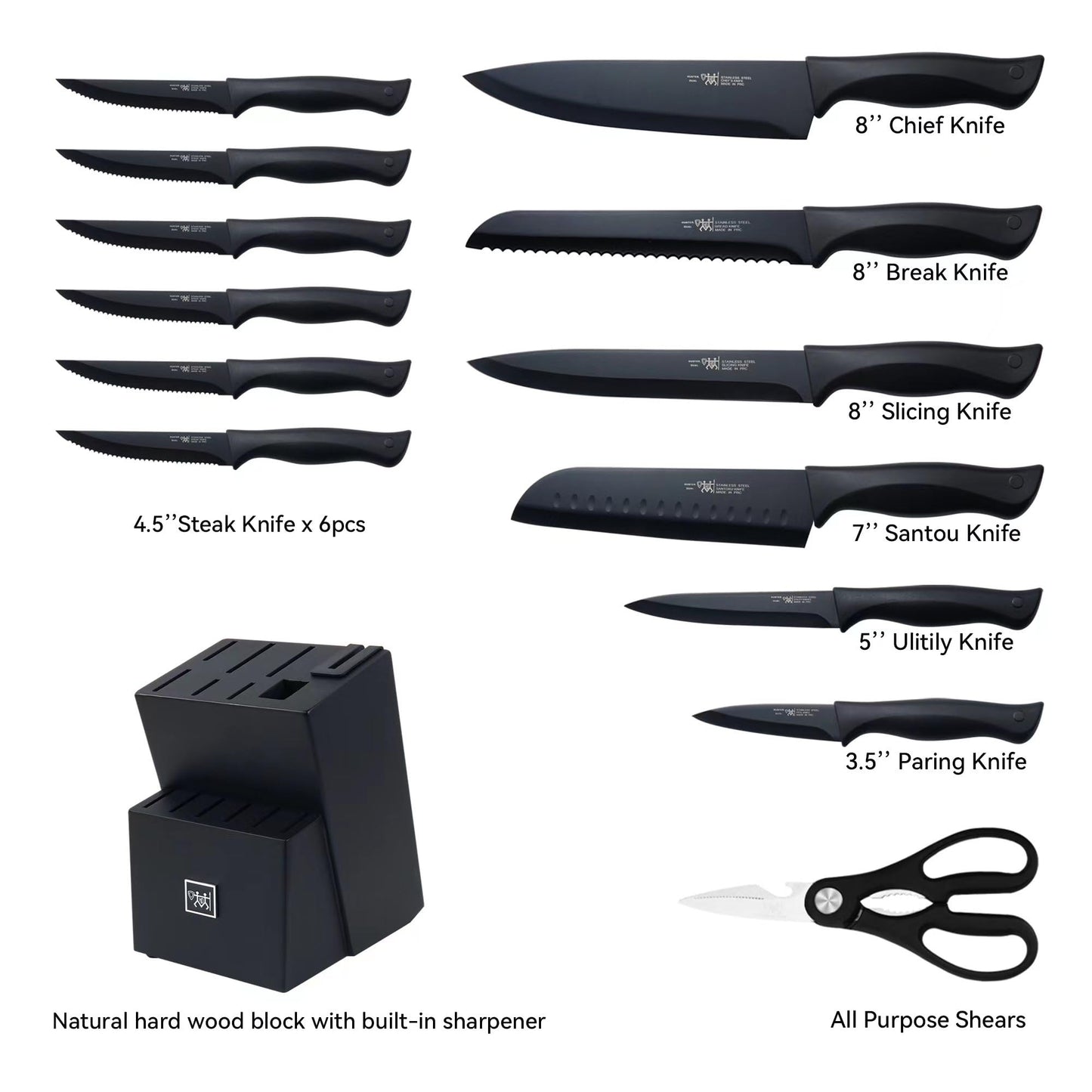 Minimalist Black HUNTER Knife Set, 15 Pc Kitchen Knife Set w/Block