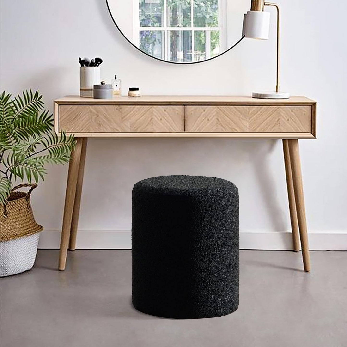Minimalist Black Modern Round Upholstered Ottoman with Soft Padded Seat, Multifunctional Vanity Chair, Footrest, Stool, Ottoman Foot Stool for Living Room, Bedroom, Bathroom
