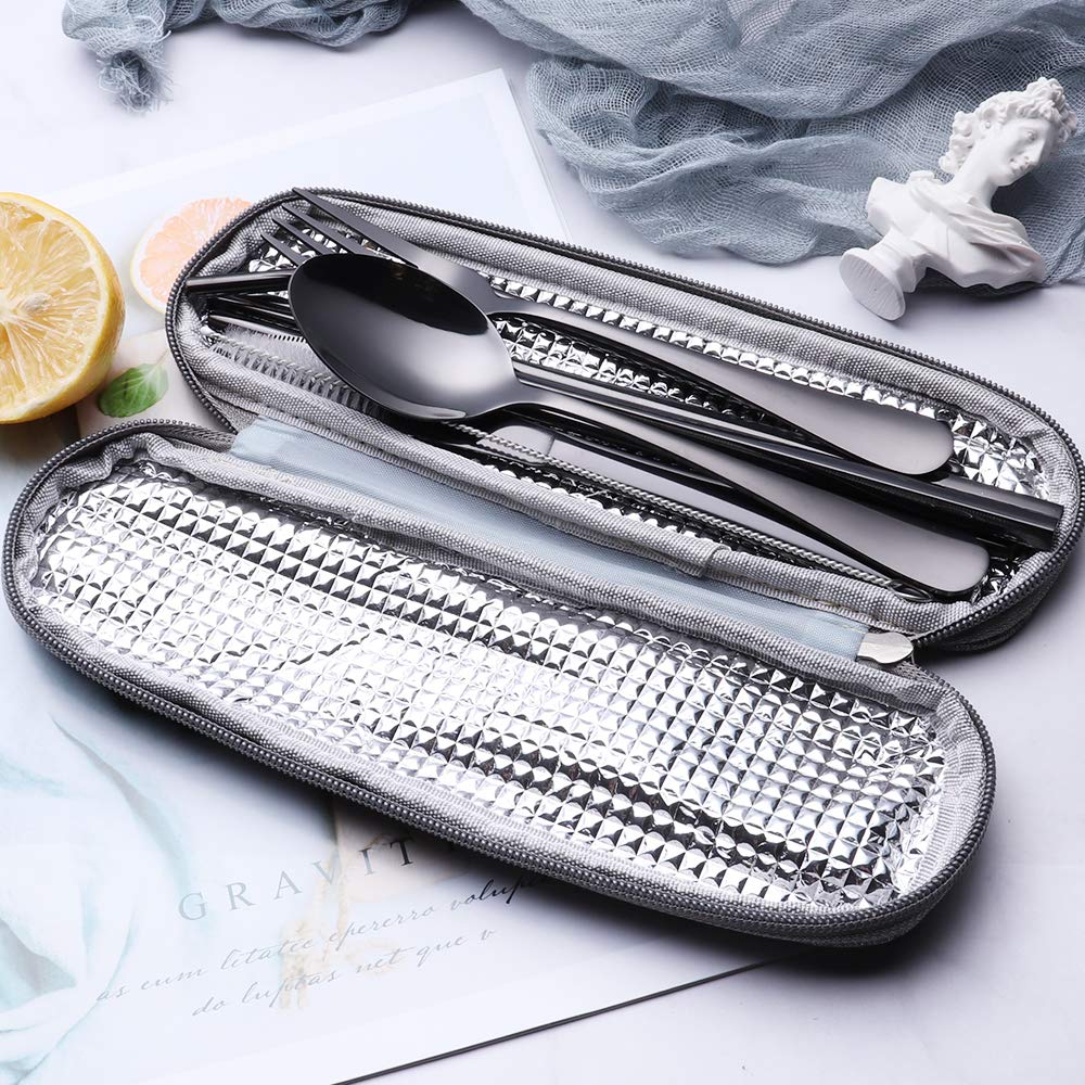 Minimalist Black Portable Stainless Steel Flatware Set w/Waterproof Case
