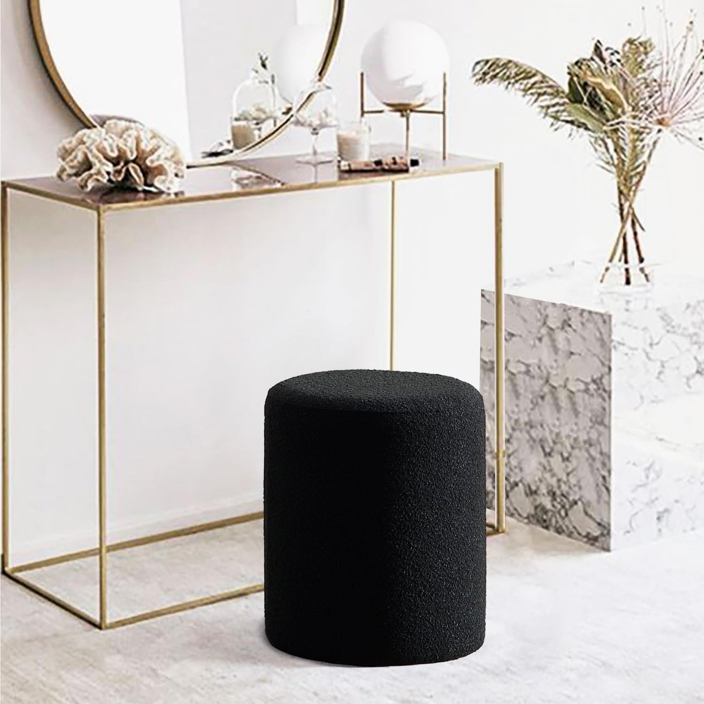 Minimalist Black Modern Round Upholstered Ottoman with Soft Padded Seat, Multifunctional Vanity Chair, Footrest, Stool, Ottoman Foot Stool for Living Room, Bedroom, Bathroom