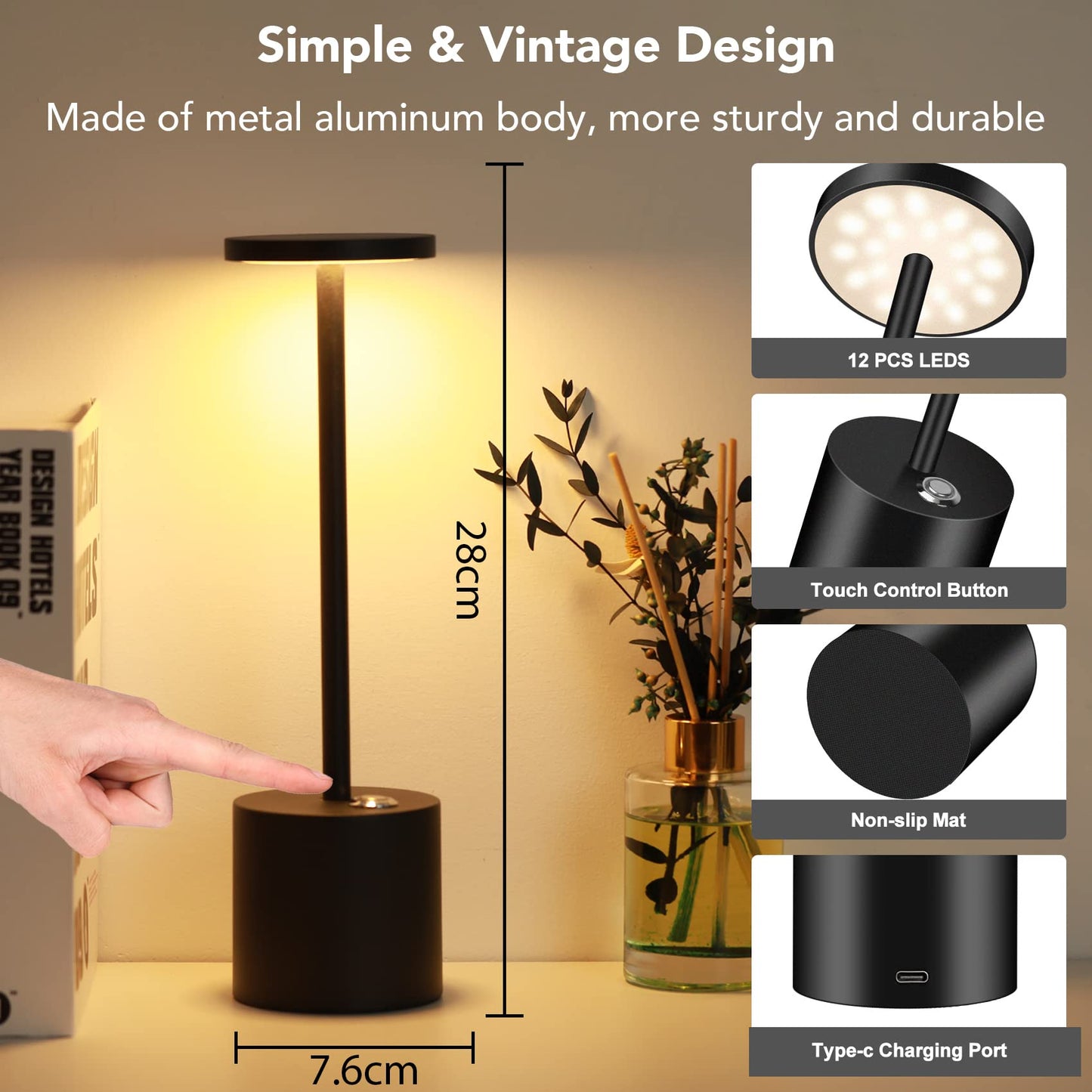 Minimalist Black Cordless Table Lamp with 3 Brightness Levels for Bedroom, Bathroom, Living Room, Office, Patio