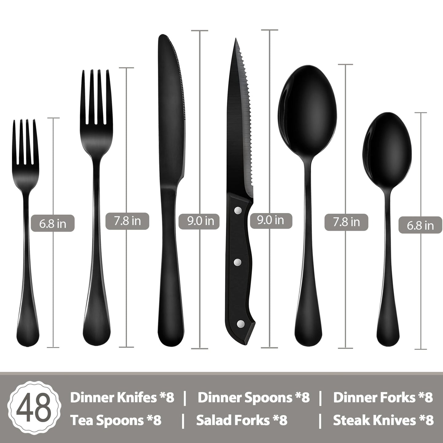 Minimalist Black 48-Piece Silverware Set with 8 Steak Knives