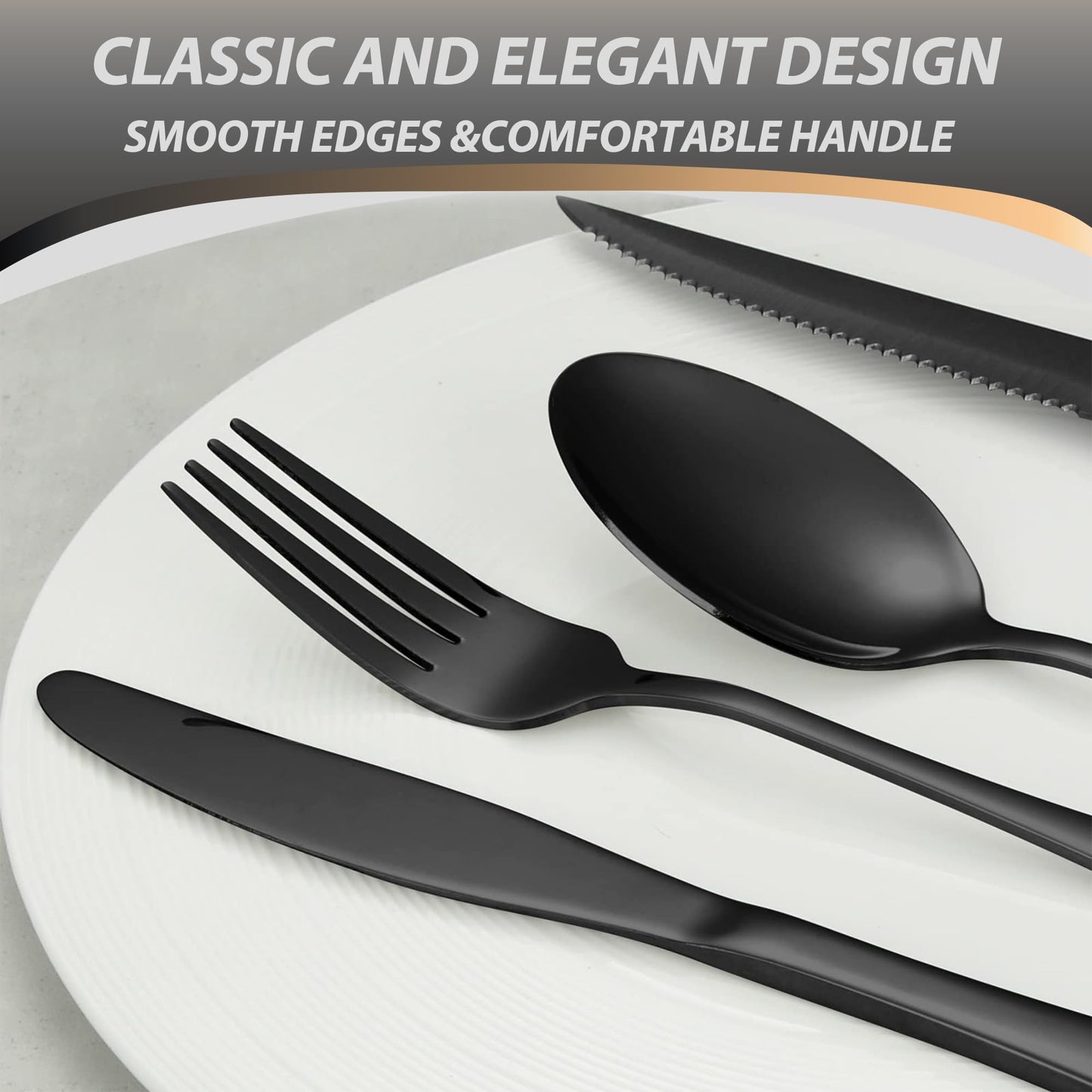 Minimalist Black 48-Piece Silverware Set with 8 Steak Knives