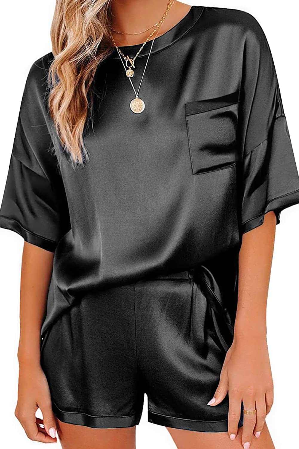 Minimalist Black Satin Women's Pyjama, Loungewear Short Sleeve and Shorts, 2 Piece Set