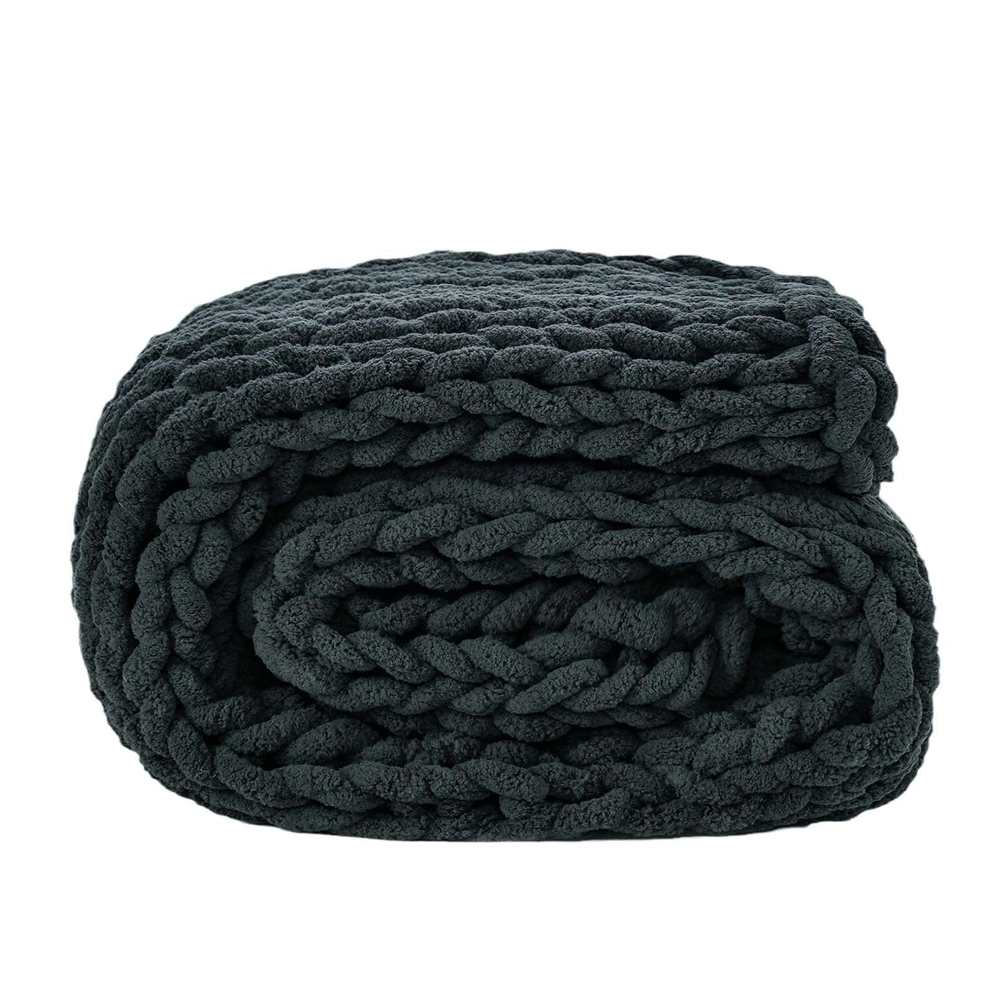 Minimalist Black Chunky Knit Jumbo Chenille Throw 51"x63", 100% Hand Knitted