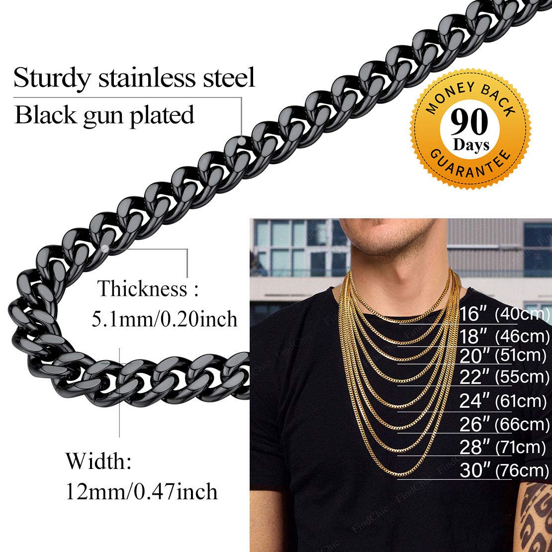 Minimalist Black Chunky Cuban Link Curb Chain Necklace - 12mm Wide, 20 Inches