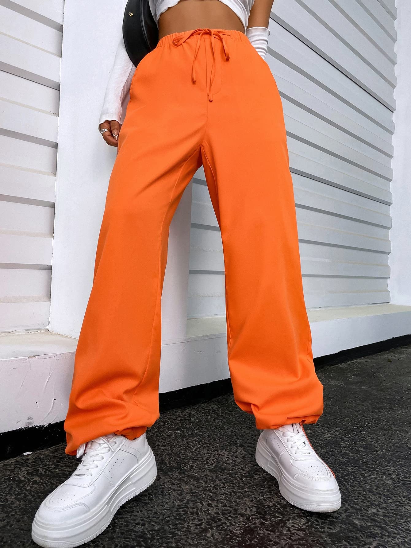 Minimalist Orange Casual Tie Front Elastic High Waisted Women's Cargo Pants, Trousers