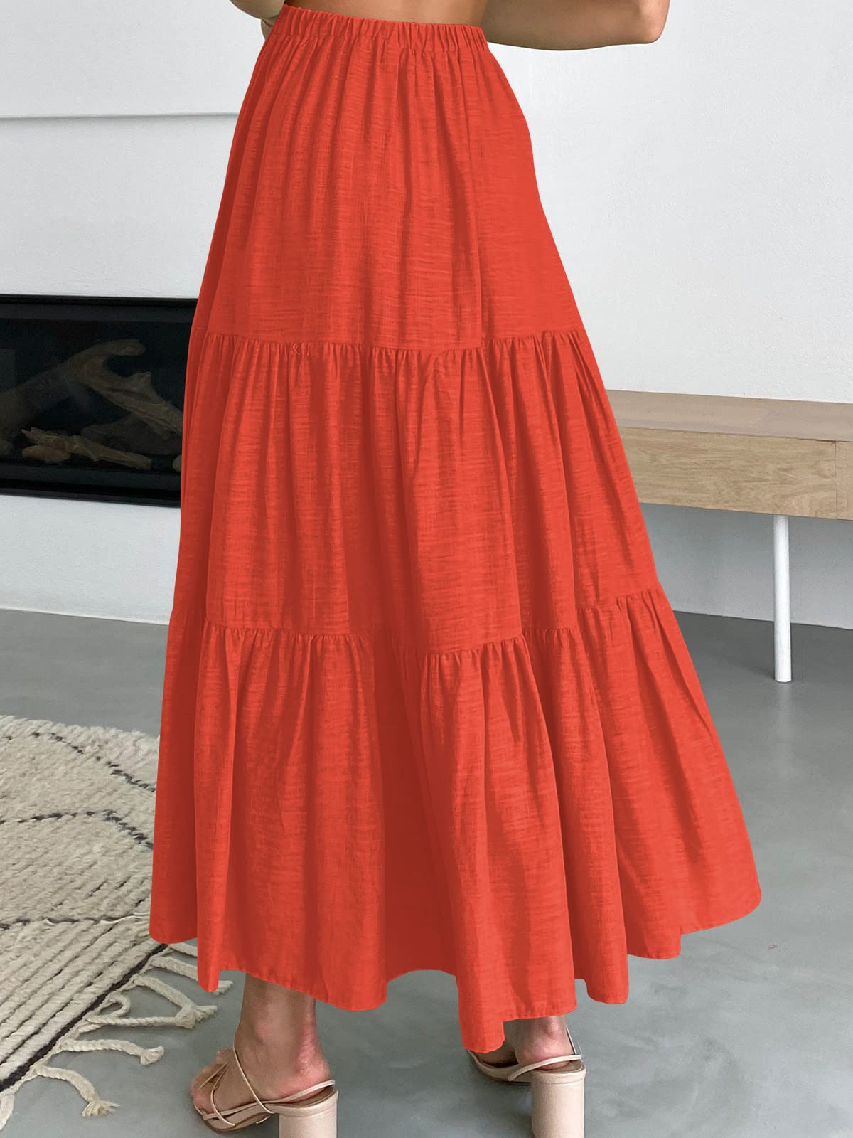 Minimalist Orange Boho Elastic Waist Flowy Women's Long Beach Skirt with Pockets