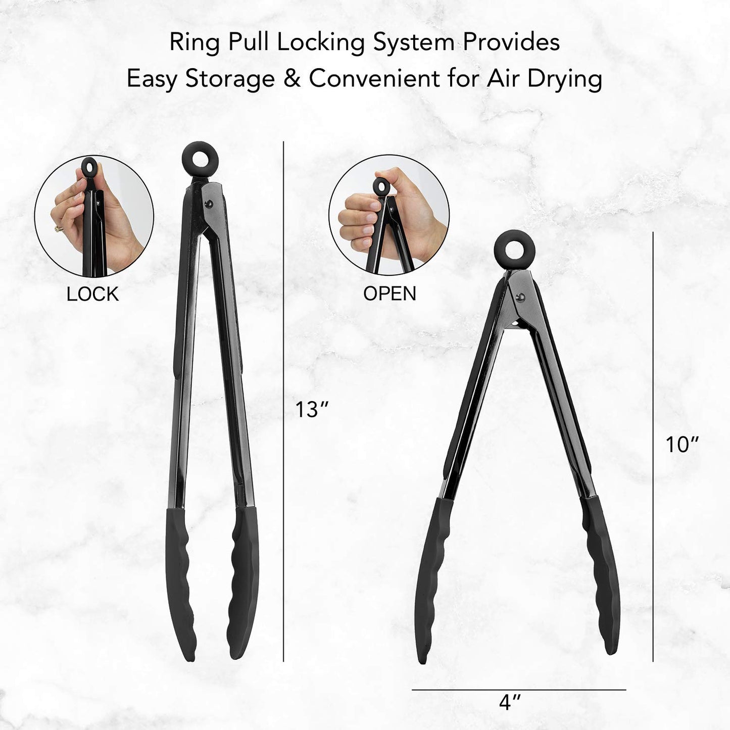 Minimalist Black Stainless Steel Silicone Tipped Tongs Set, 10”, 13”