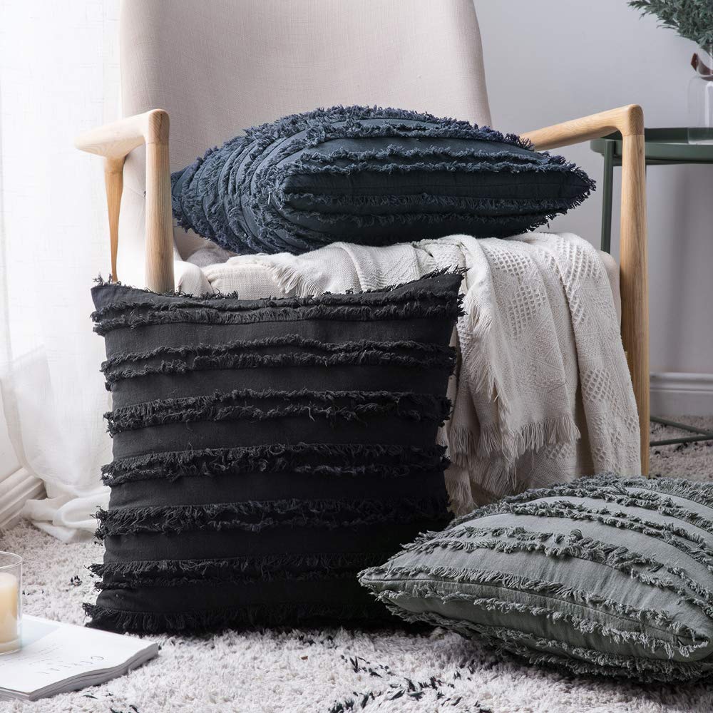 Minimalist Black Boho Throw Pillow Covers, Striped Jacquard Pattern 18"x18", Set of 2