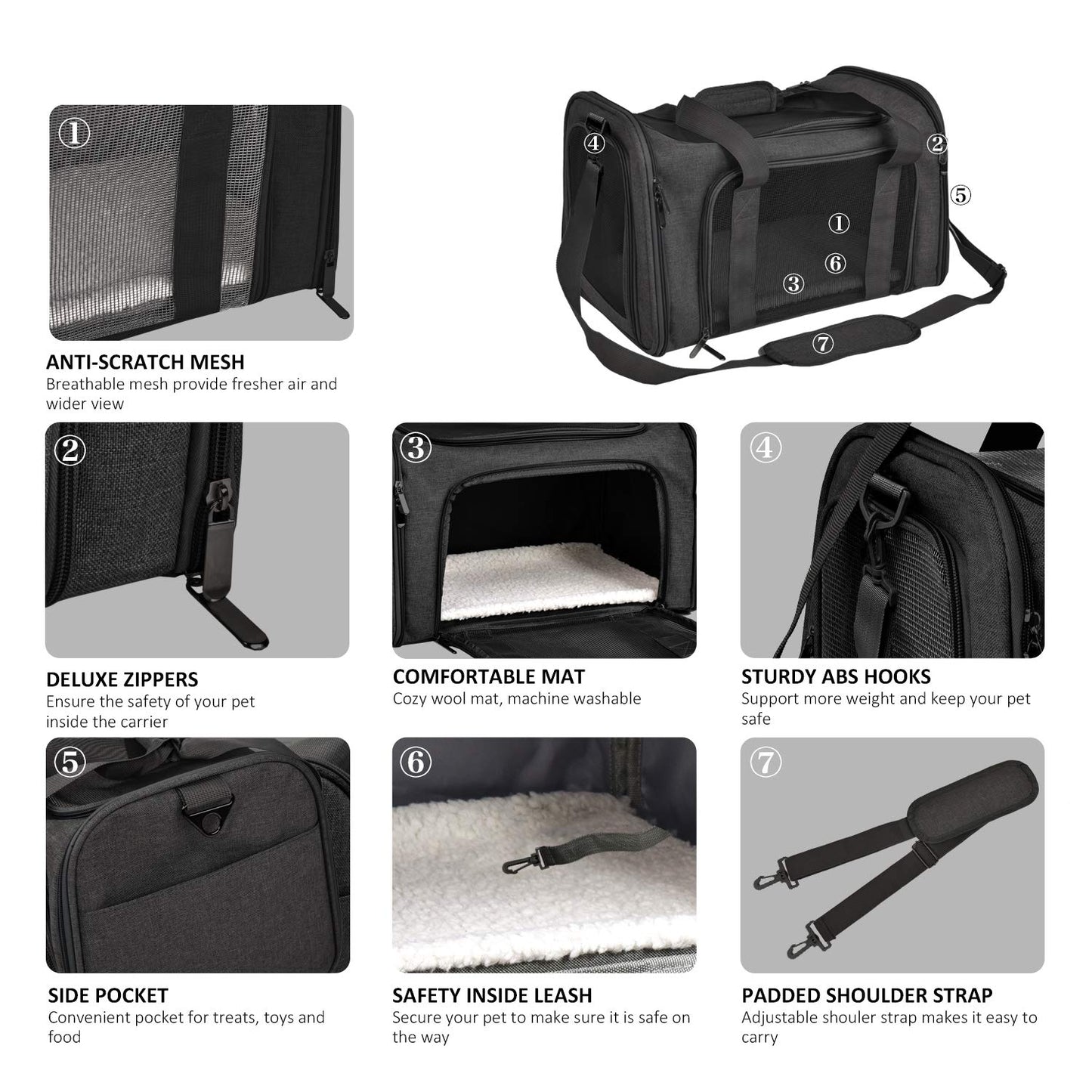 Minimalist Black Pet Carrier for Small, Medium Pets up to 15 Lbs, TSA Airline Approved