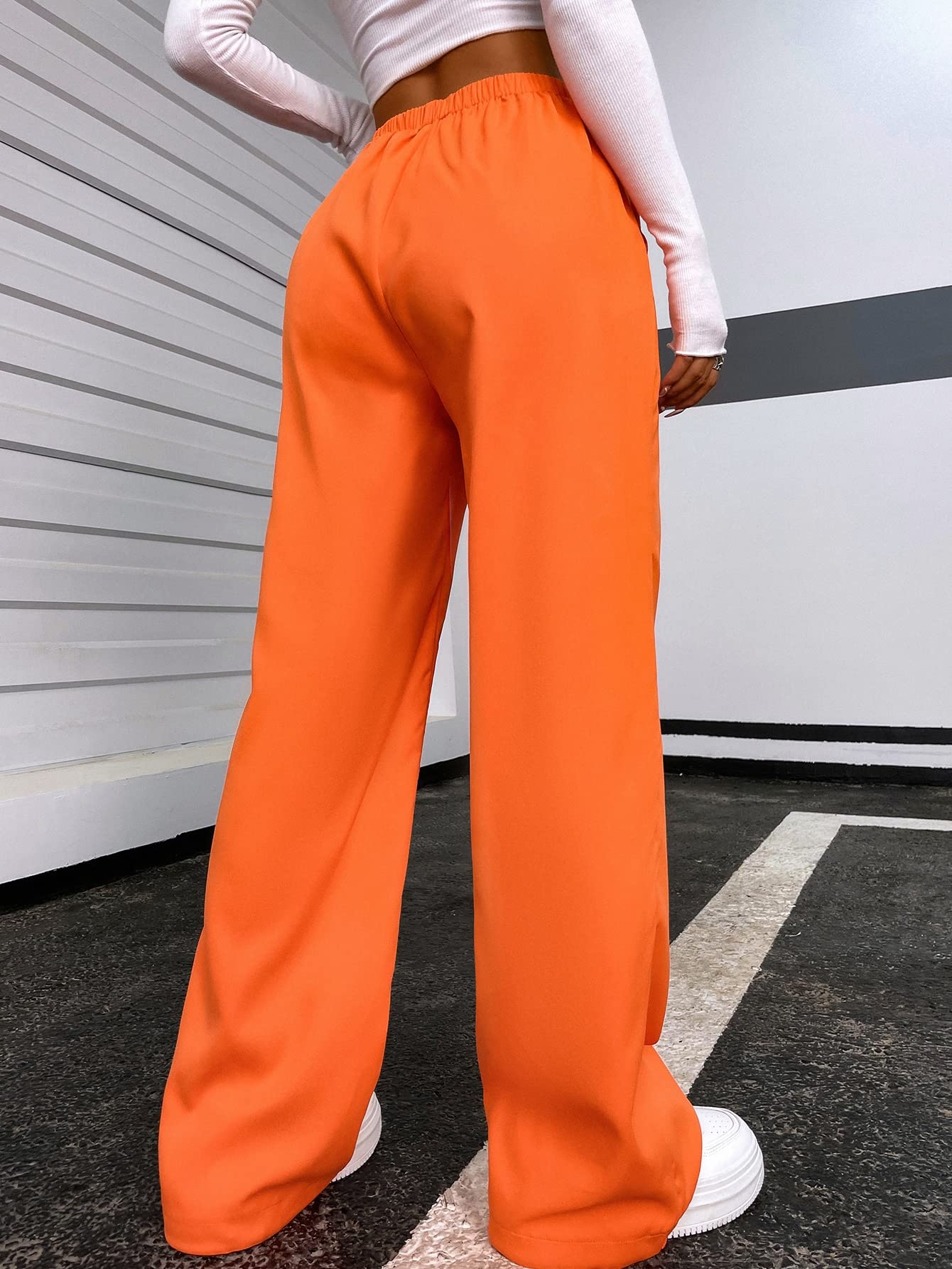 Minimalist Orange Casual Tie Front Elastic High Waisted Women's Cargo Pants, Trousers