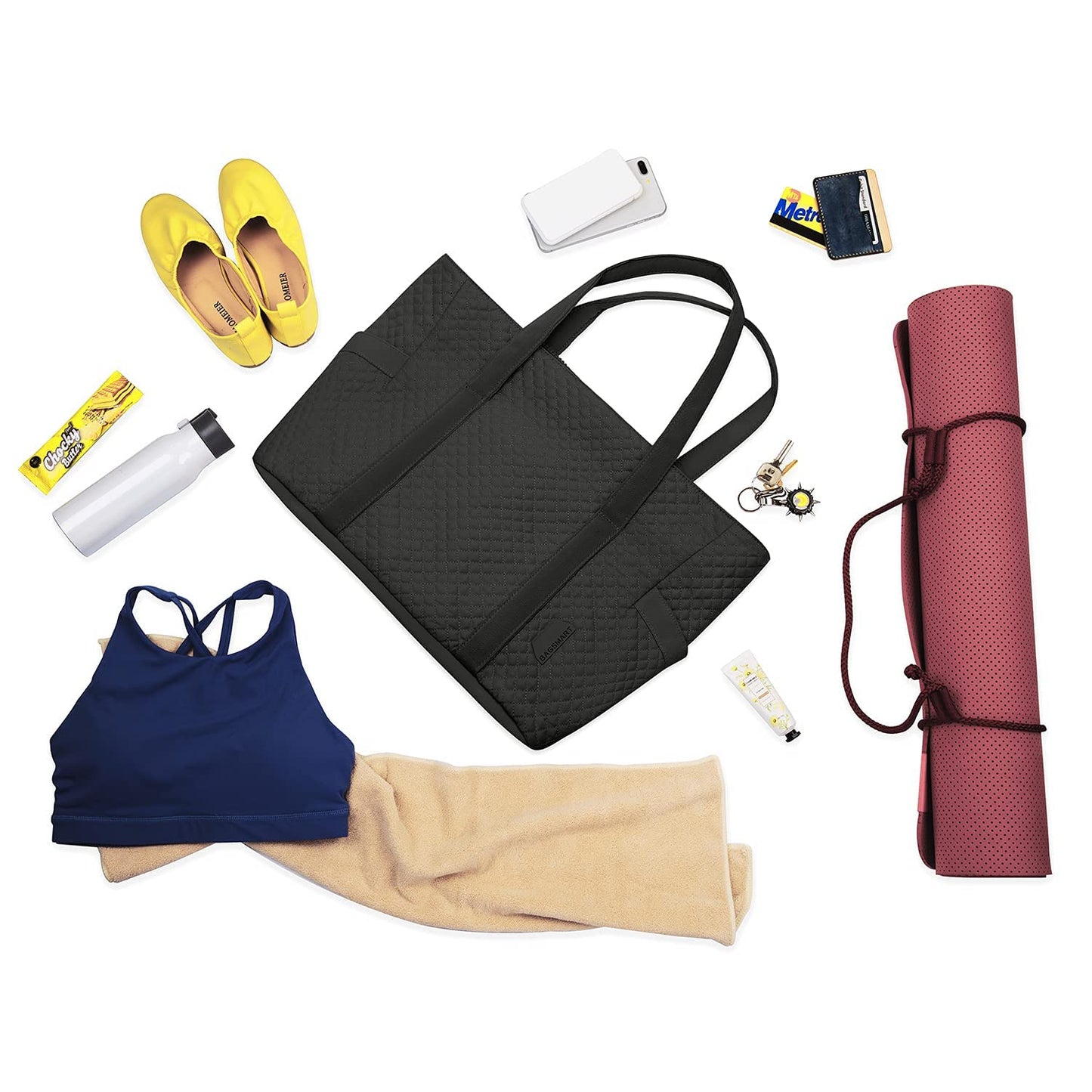 Minimalist Black Large Tote Bag w/Yoga Mat Buckle for Gym, Work, Travel