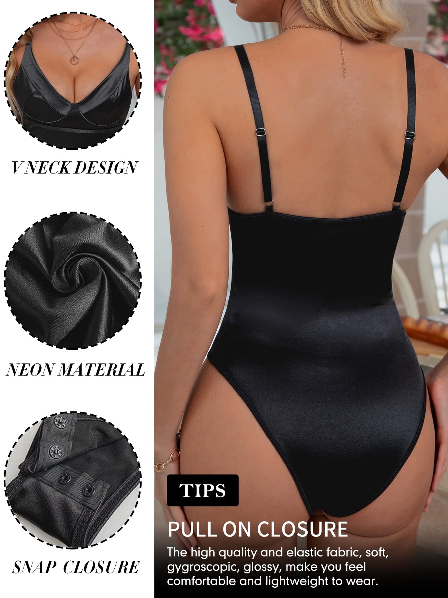Minimalist Black V Neck Satin Bodysuit