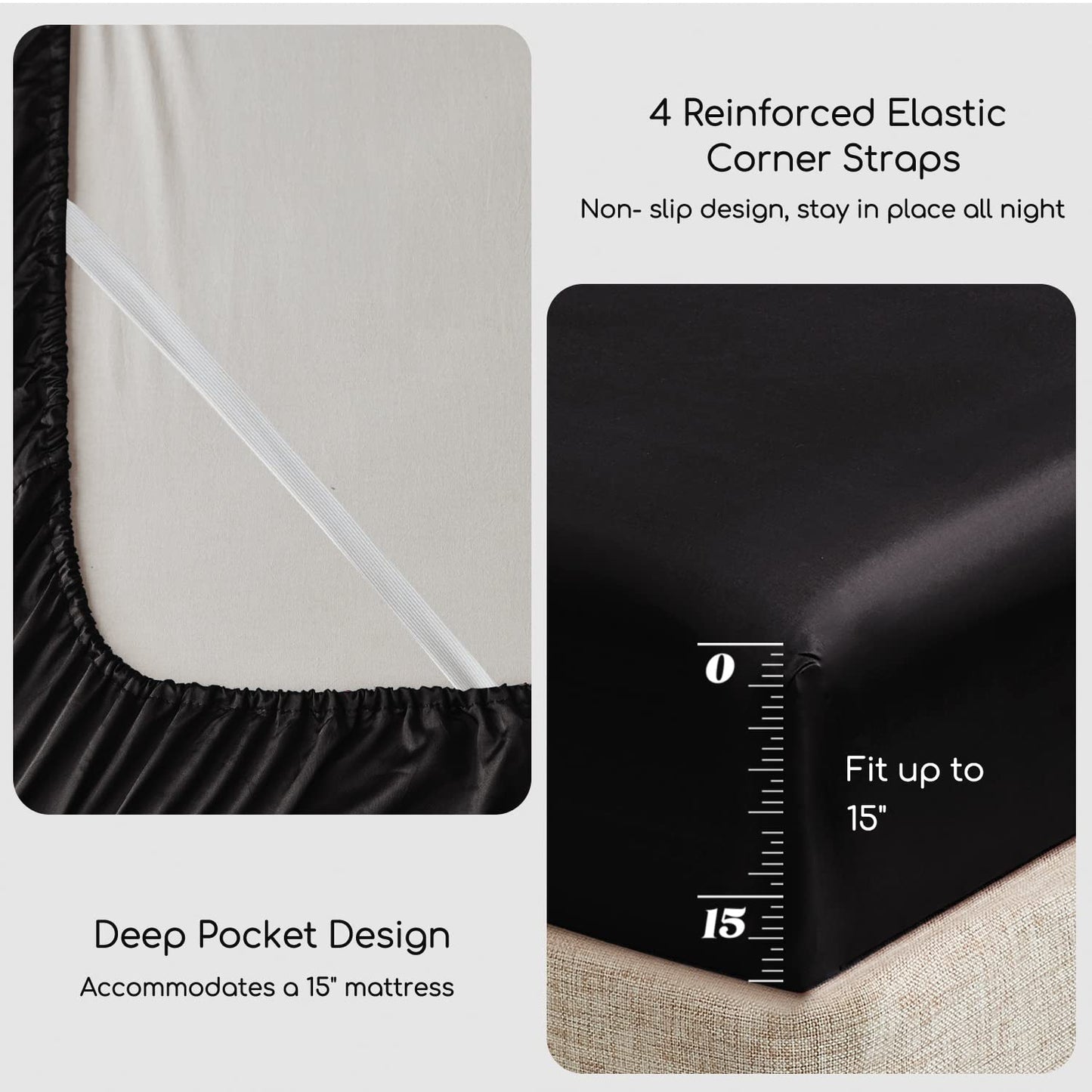Minimalist Black Premium Satin Bed Sheets, 4 Pc set w/15" Deep Pocket, King size