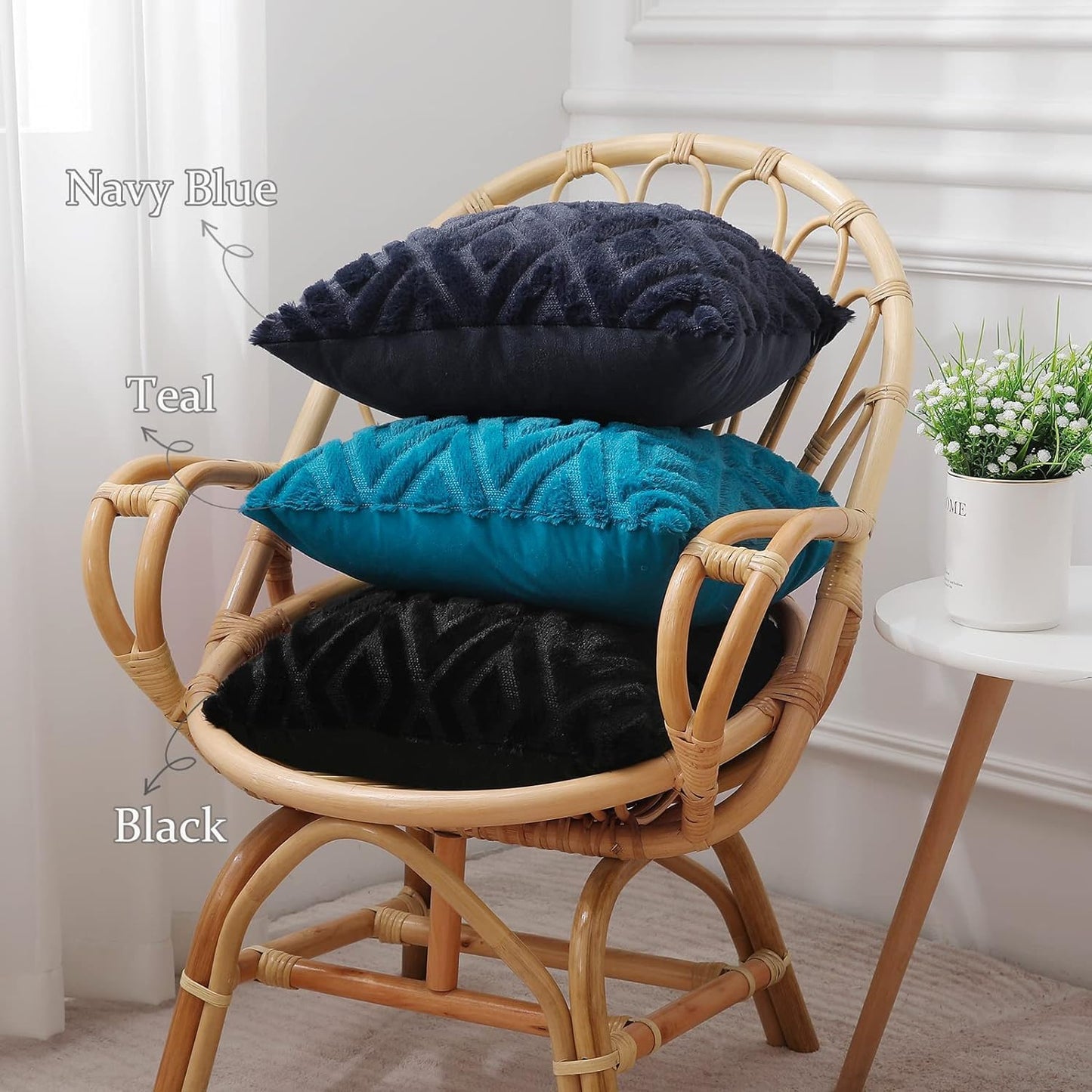 Minimalist Black Plush Faux Fur + Velvet Throw Pillow Covers 18" x 18", 2pcs