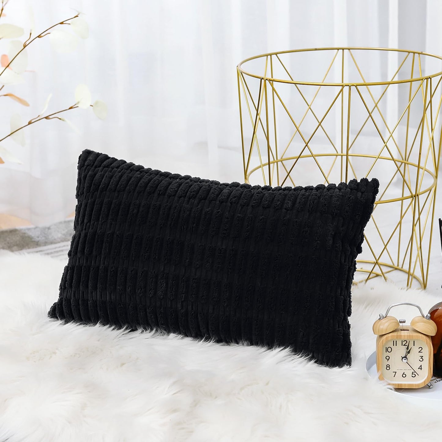 Minimalist Black Corduroy Throw Pillow Covers 16" x 24"