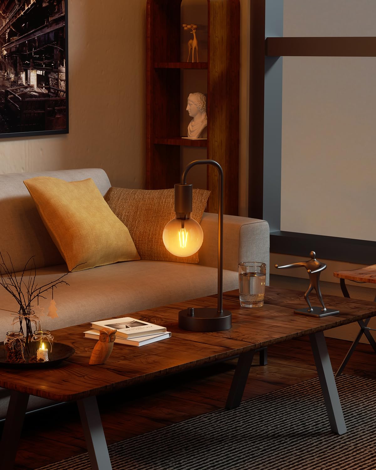 Minimalist Black Industrial Dimmable Table Lamp with Gradient Black Art LED Bulb, Set of 2