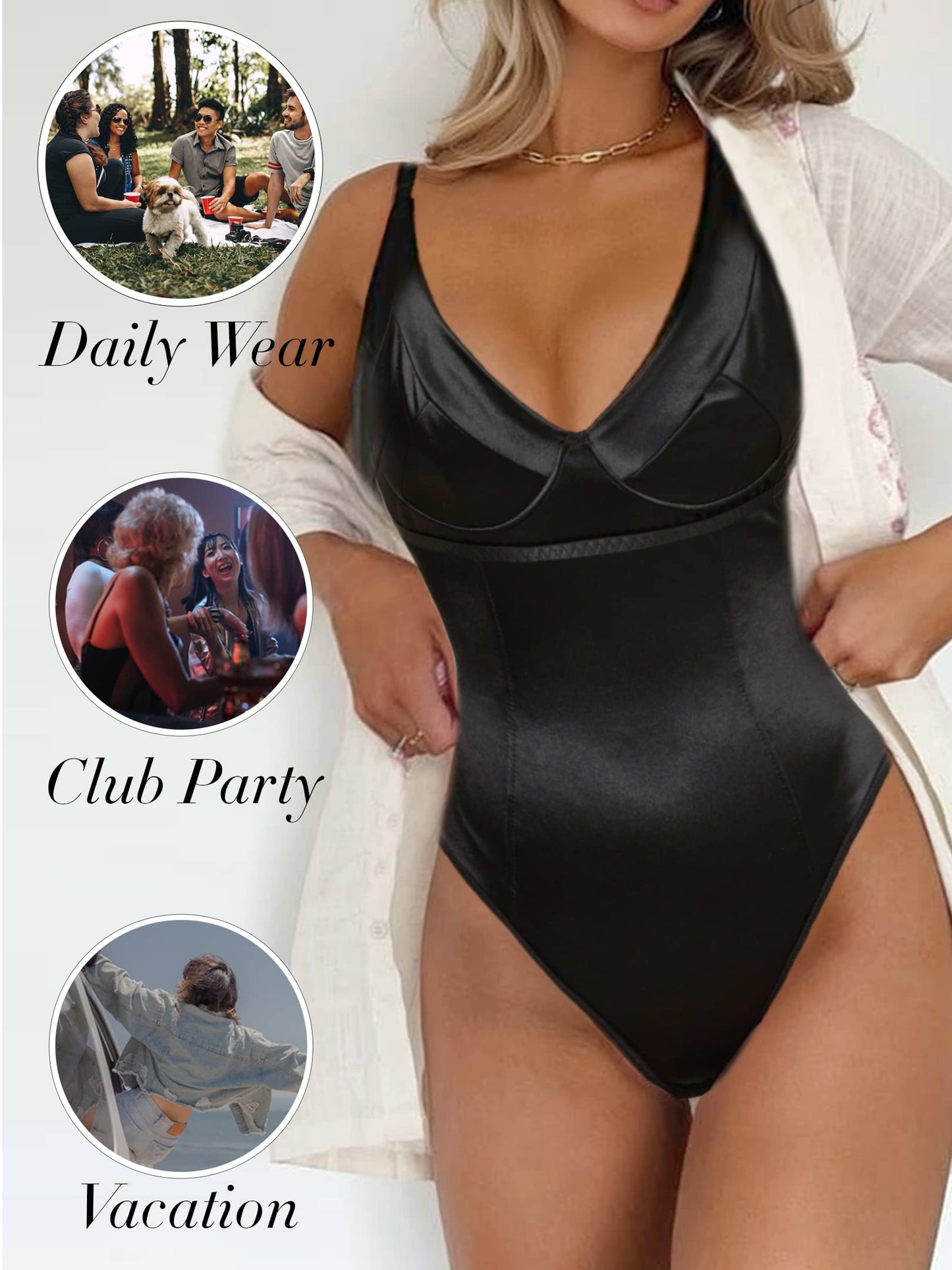 Minimalist Black V Neck Satin Bodysuit