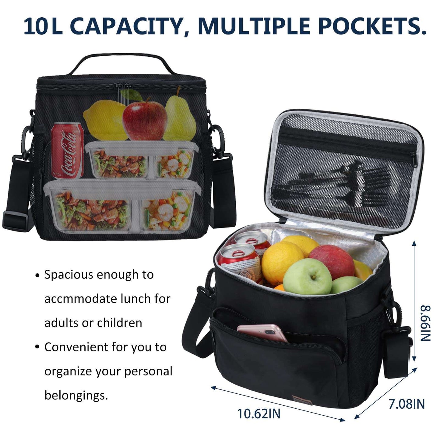 Gloppie Lunch Bag for Men (10L) Lunch Box Bag Women Leakproof Lunch Cooler Bag Black Reusable Lunchbag Insulated Bag for Bento Box Kids Lunch Box Meal Prep Containers Insulation Bag, Classic Black