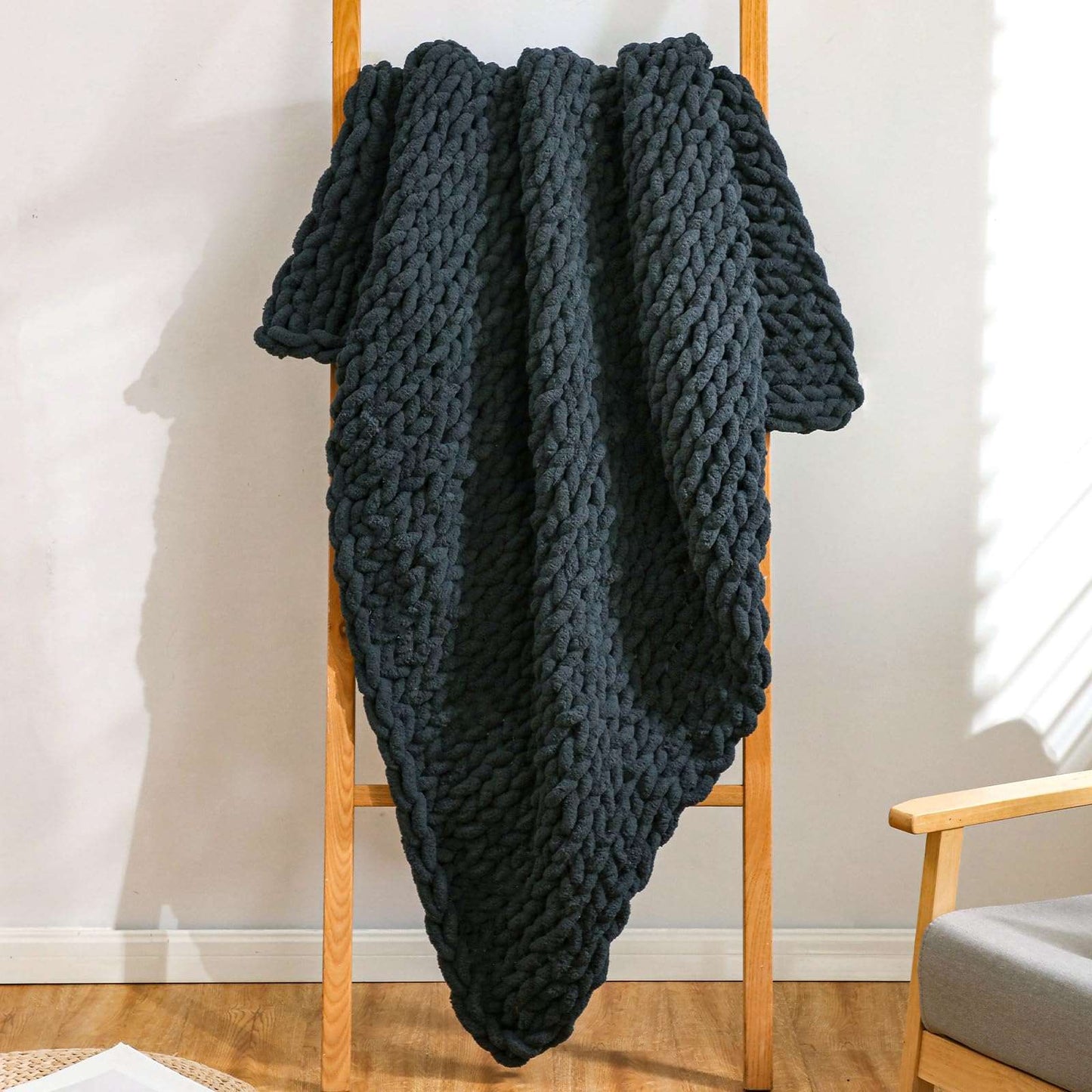 Minimalist Black Chunky Knit Jumbo Chenille Throw 51"x63", 100% Hand Knitted