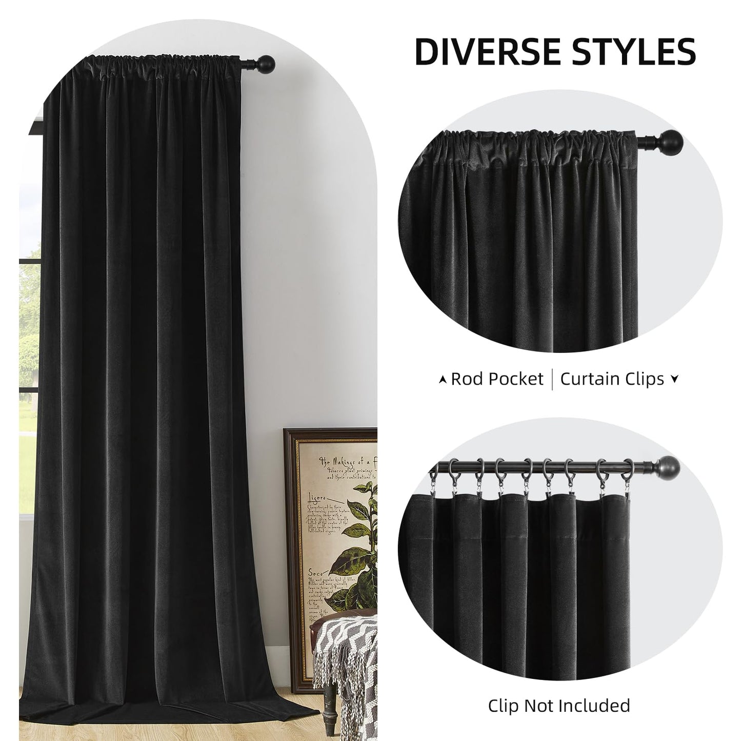 Minimalist Black Velvet Curtains, 90" Length