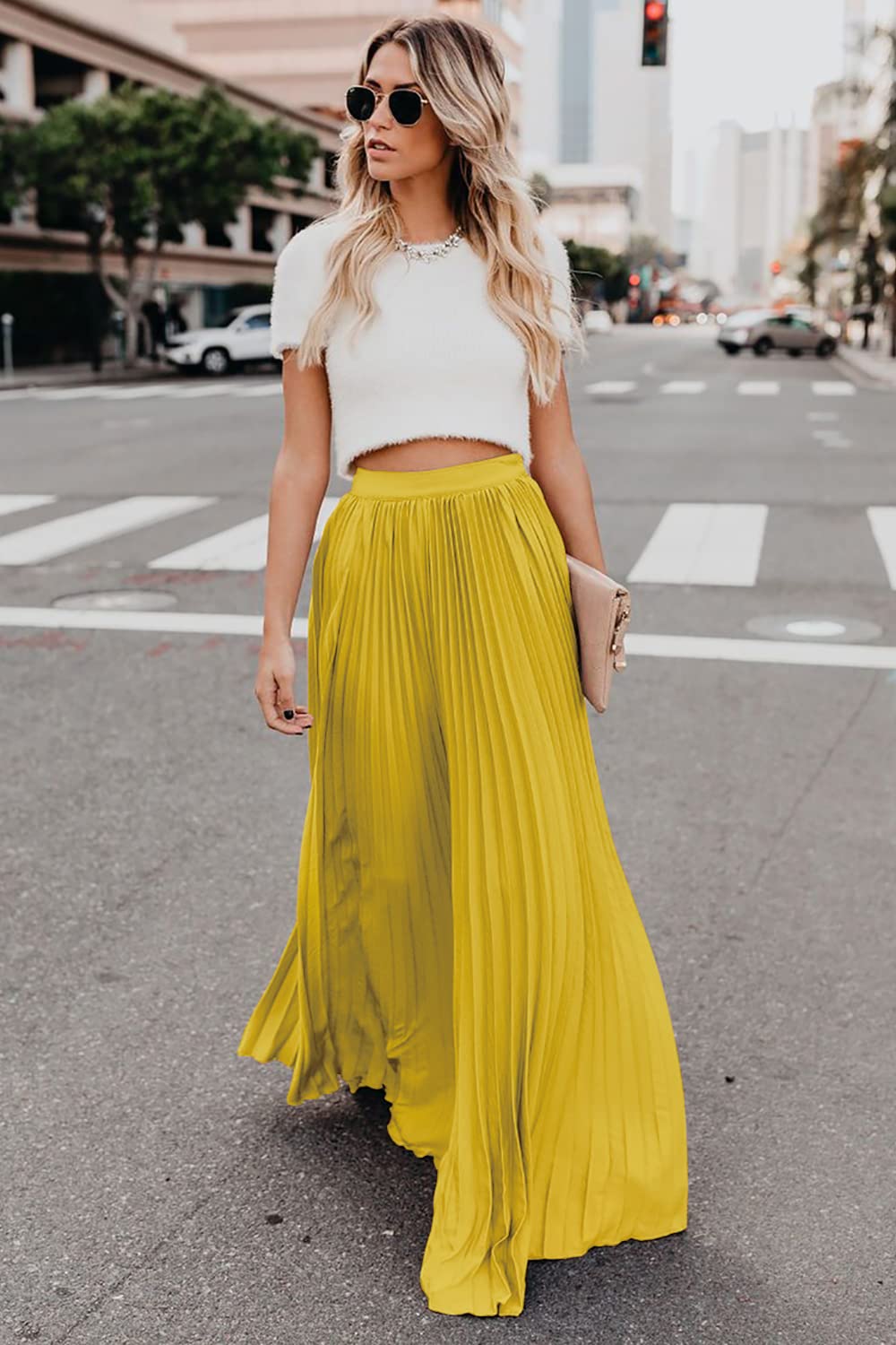 Minimalist Bright Yellow Women's High Waist Flowy Pleated Chiffon Maxi Skirt