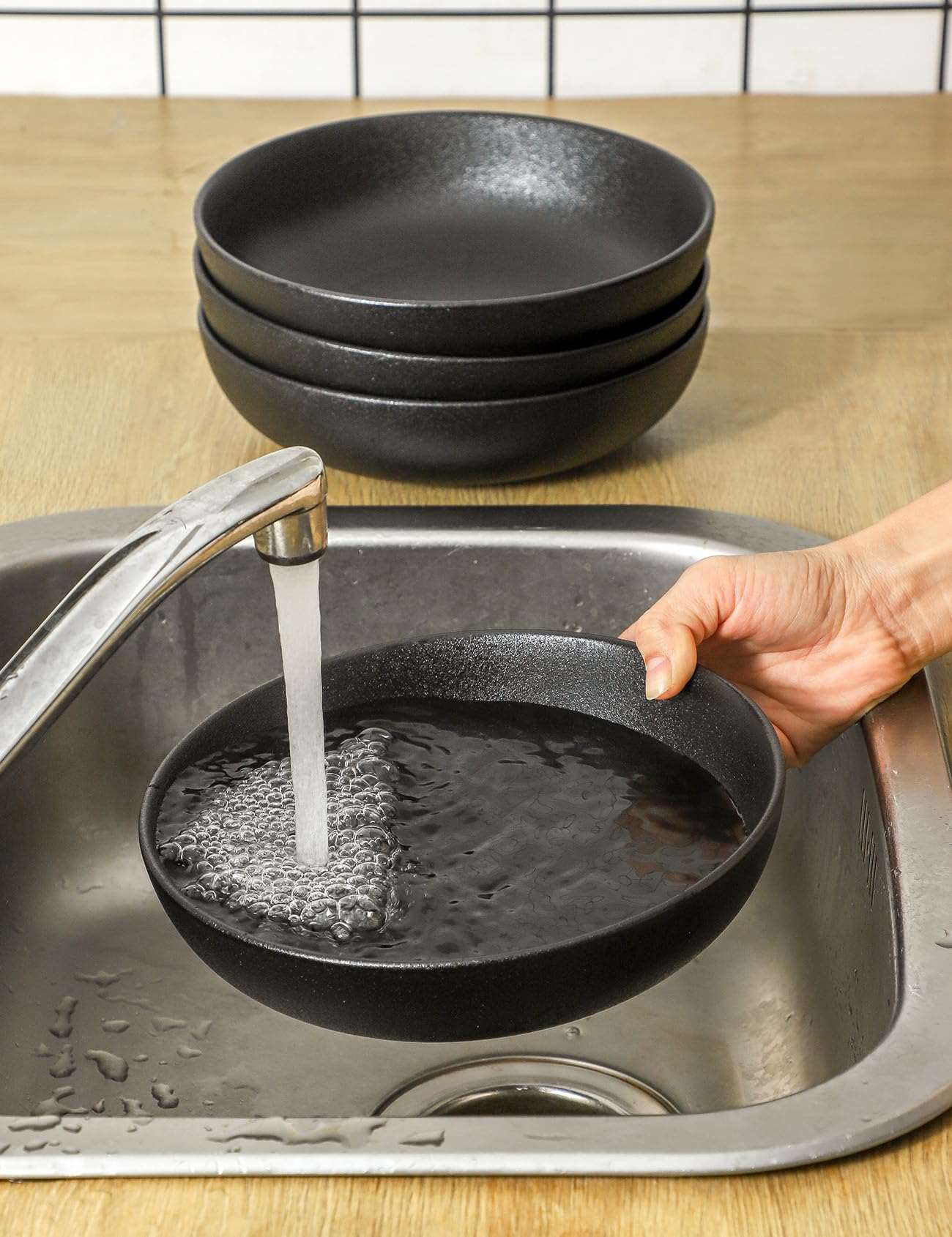 Minimalist Black Ceramic Plate Bowls, 40 oz, Set of 4