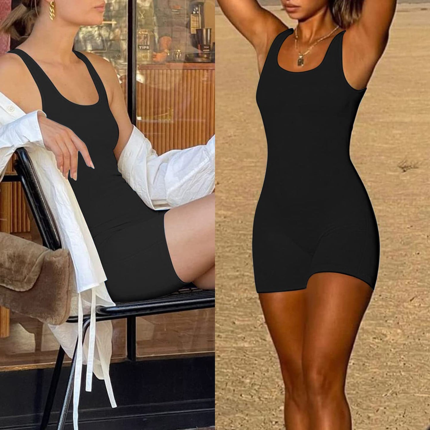 Minimalist Black Ribbed, Sleeveless Women's Yoga Shorts Jumpsuit