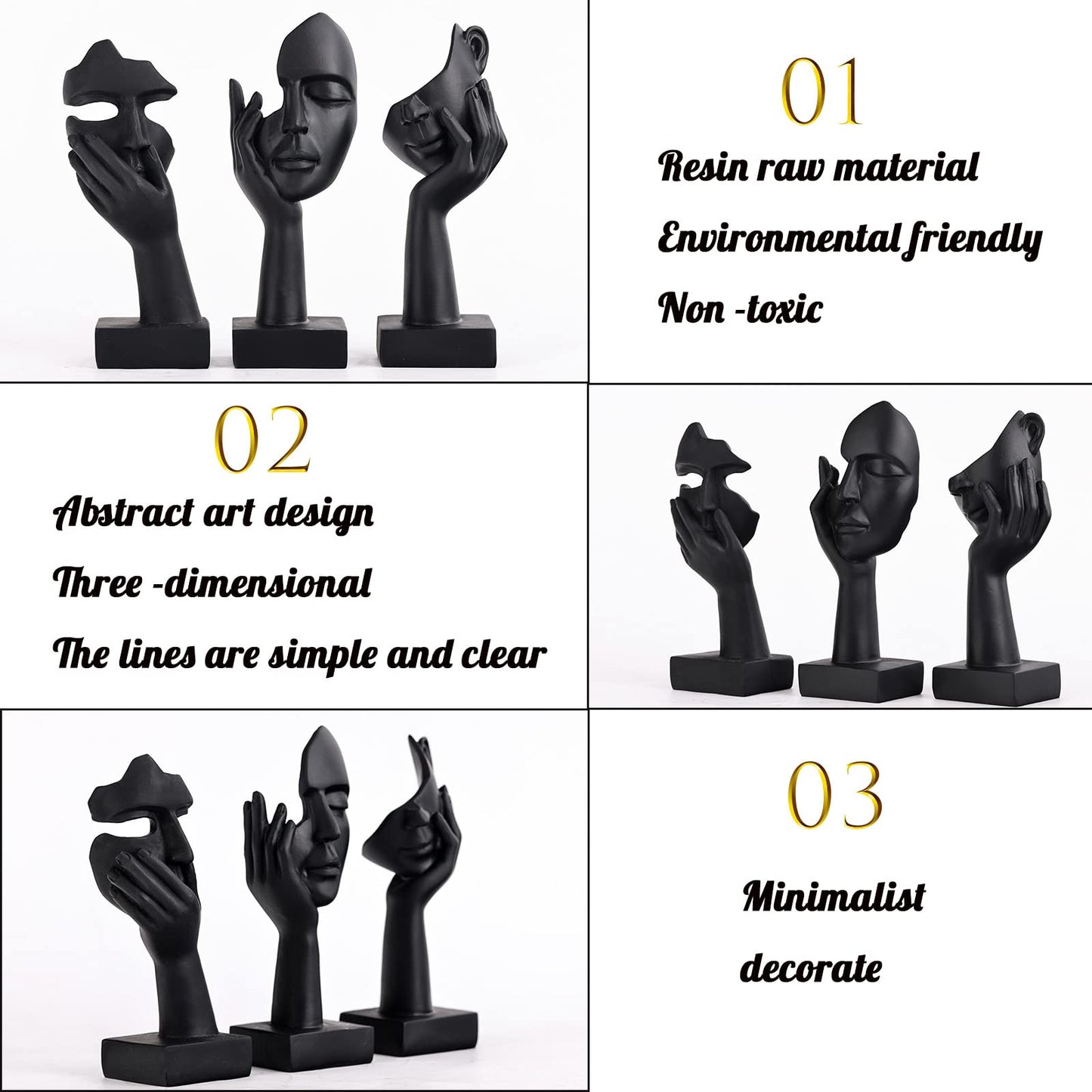 Minimalist Black Home Decor Accent Face Statue, 3 Pc Set
